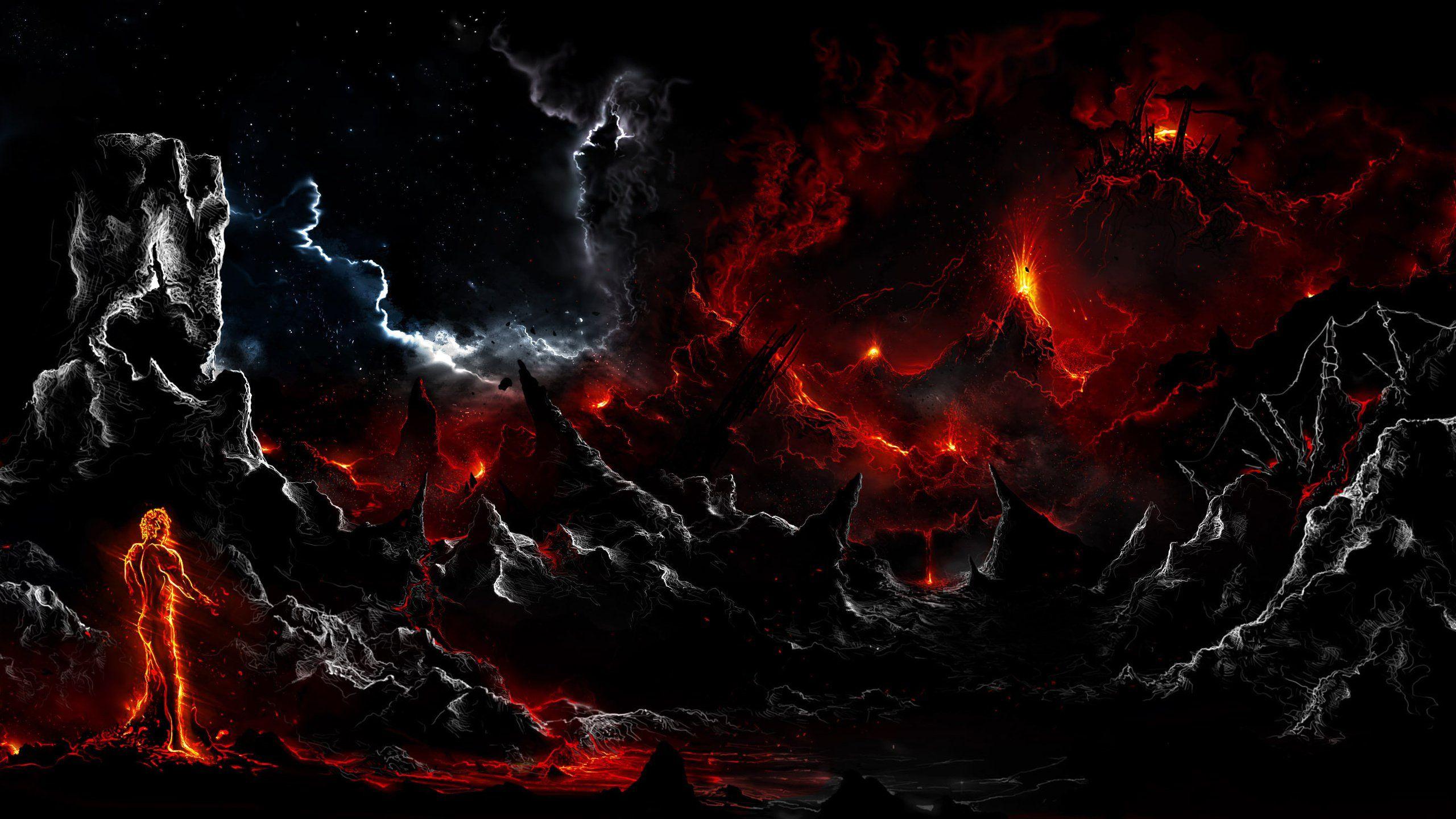 2560x1440 Alberto vangelista rock man fire dark art lava clouds wallpaperx1440