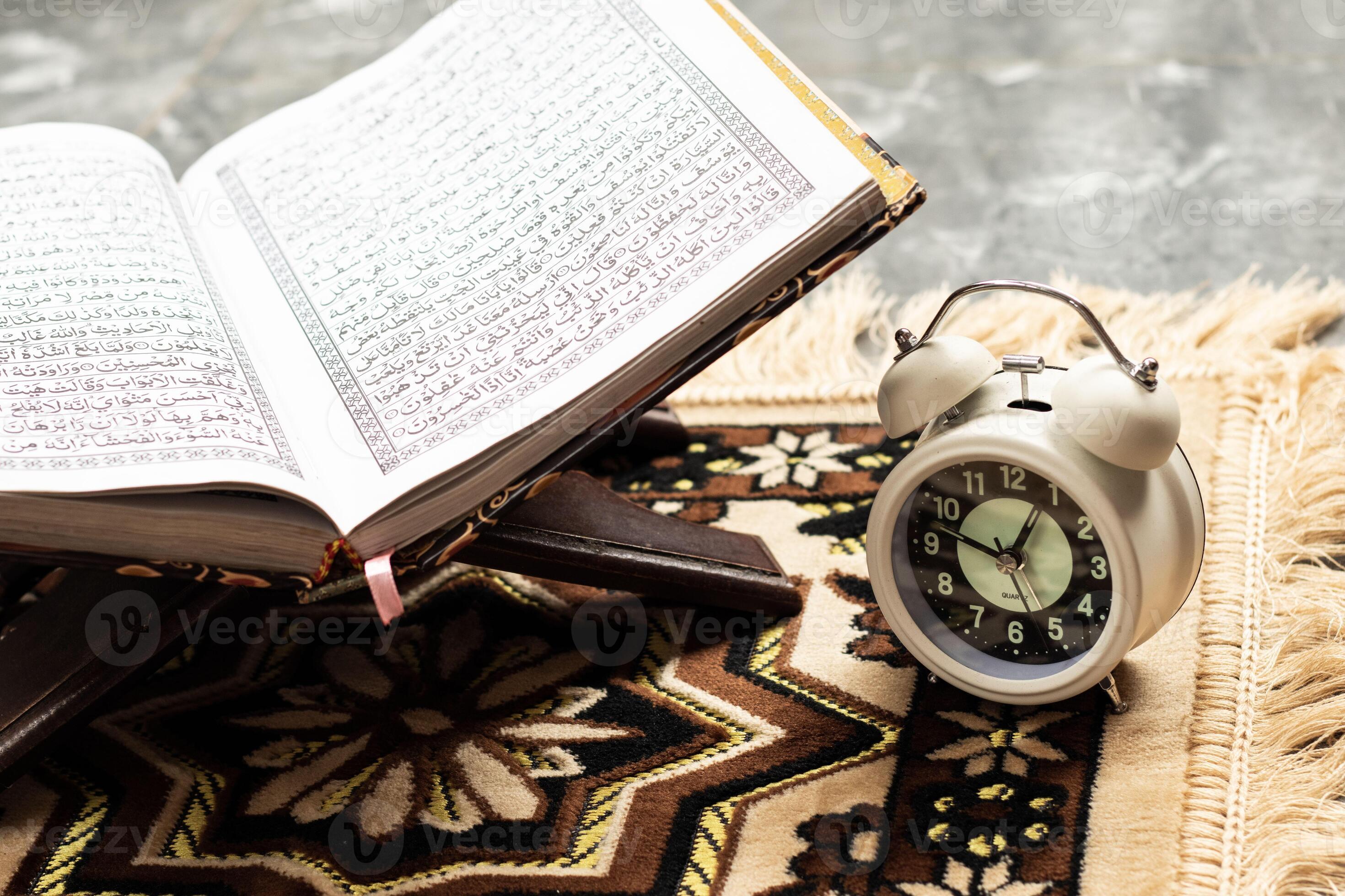 2940x1960 Islamic Holy Book Quran with alarm clock Ramadan Concept