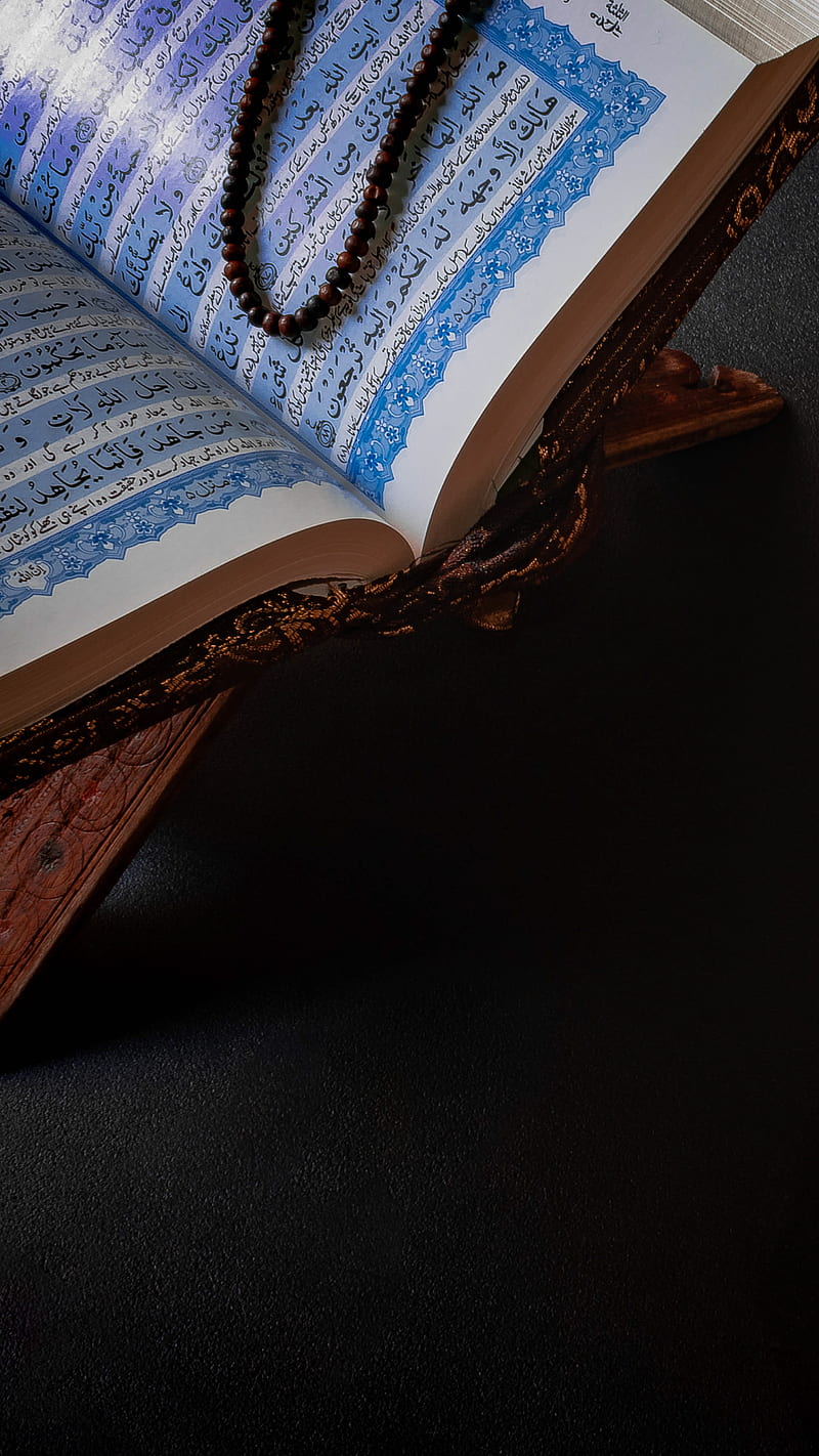 800x1422 Holy Quran, black, dark, islam, islamic, muslim, tasbih, verse, HD phone wallpaper