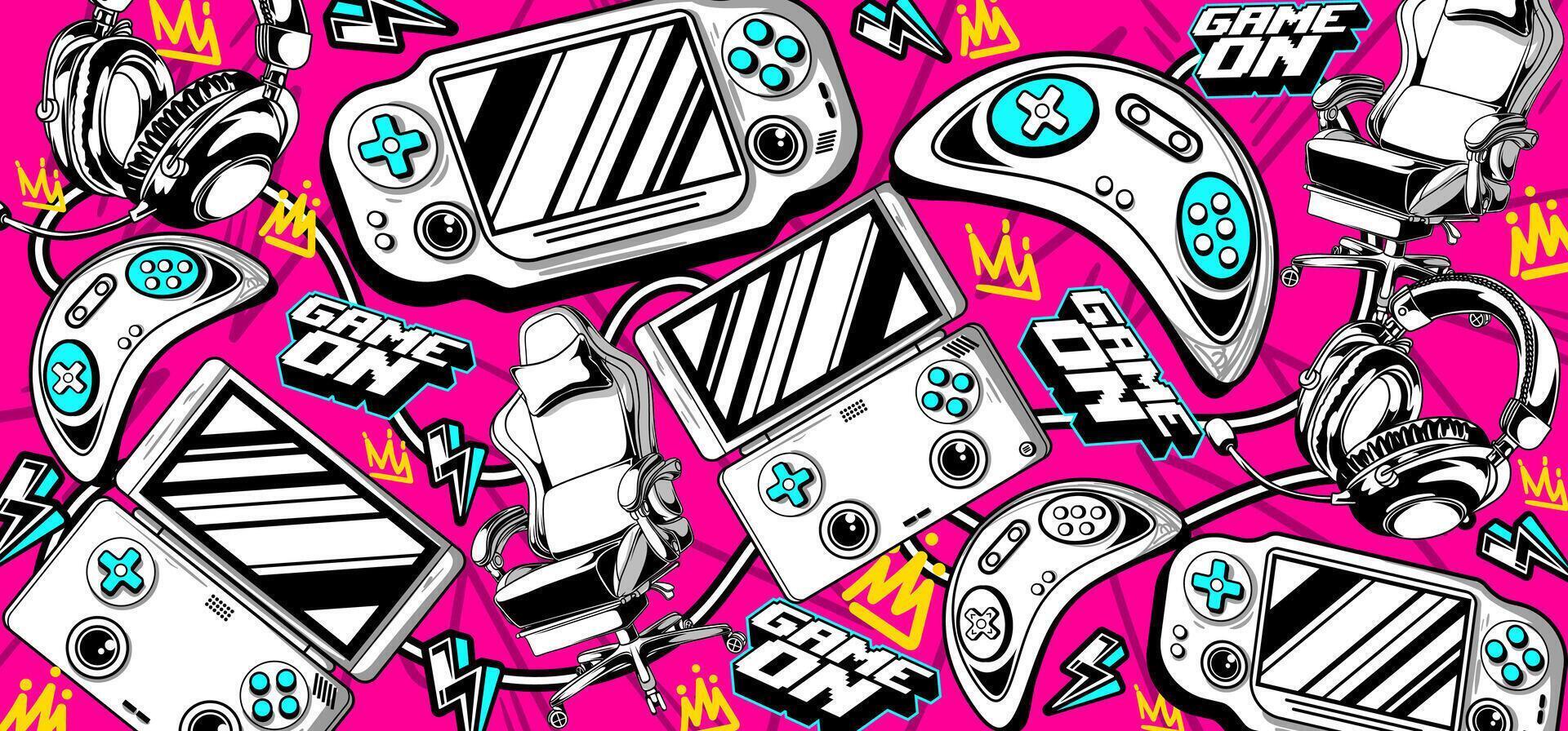 1920x896 Gaming background and illustrations. Retro game elements in graffiti style