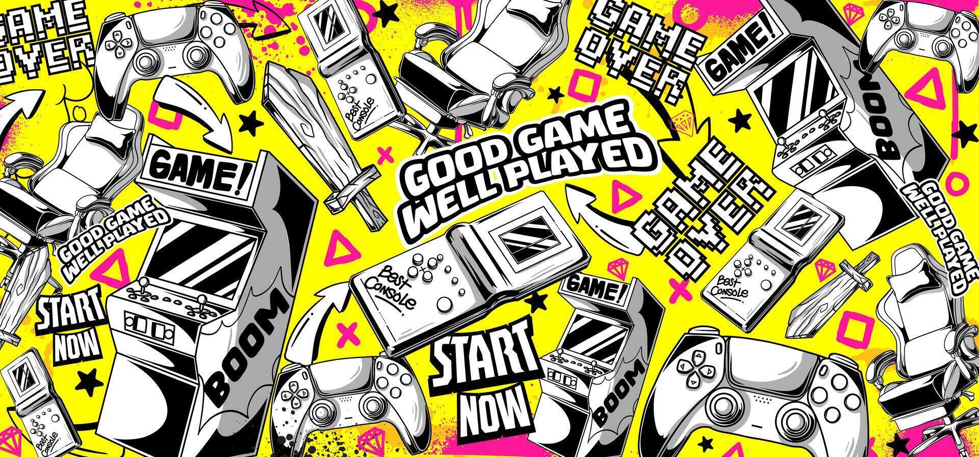 1920x896 Gaming background and illustrations. Retro game elements in graffiti style