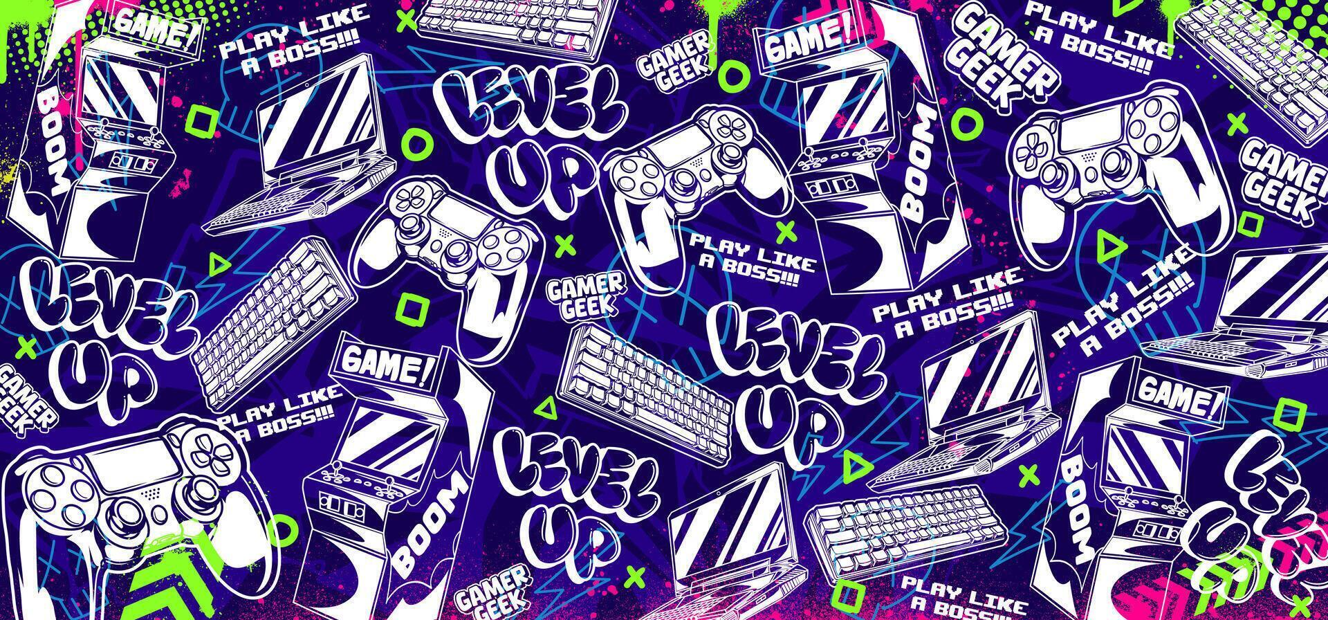 1920x896 Gaming graffiti background illustrations. Retro videogame graphic icon elements