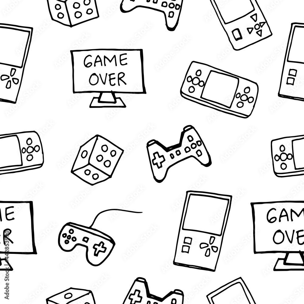 1000x1000 Stockvector set of game illustration isolated on white background. seamless pattern, hand drawn vector. vintage and modern game. gaming icon. doodle art for wallpaper, backdrop, wrapping paper and gift