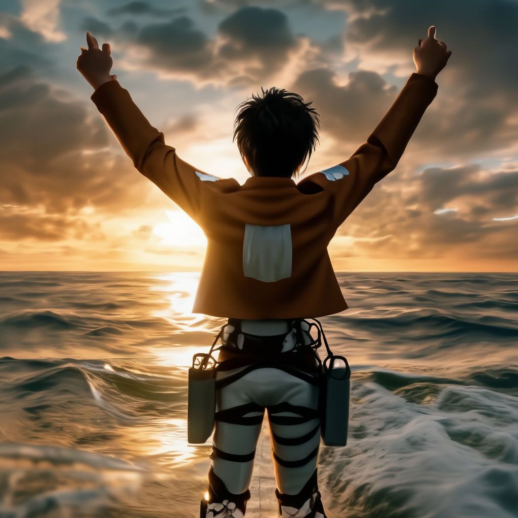 1024x1024 Eren Jaeger from Attack of the Titans has his back to the sea. He raised