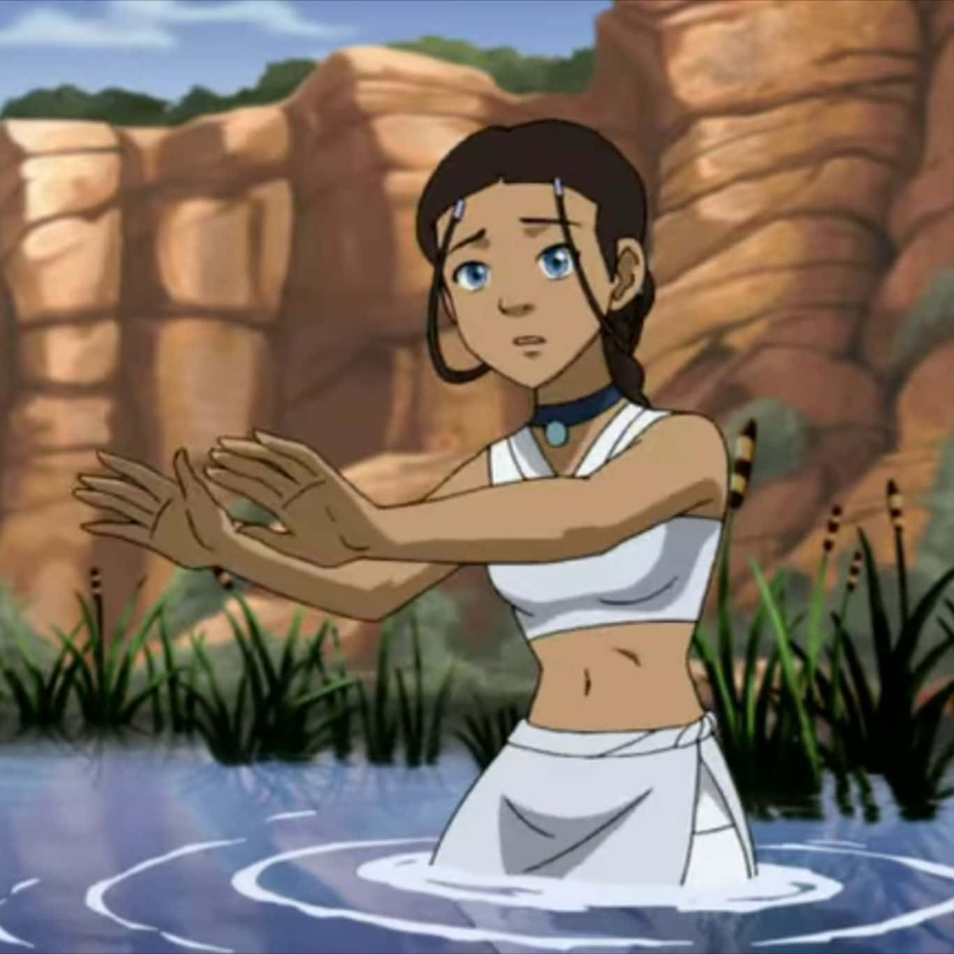 1366x1366 Download Katara, The Waterbending Master In Action Wallpaper