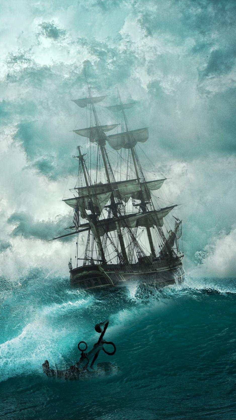 938x1668 Download wallpaper 938x1668 ship, storm, waves, anchor, photohop