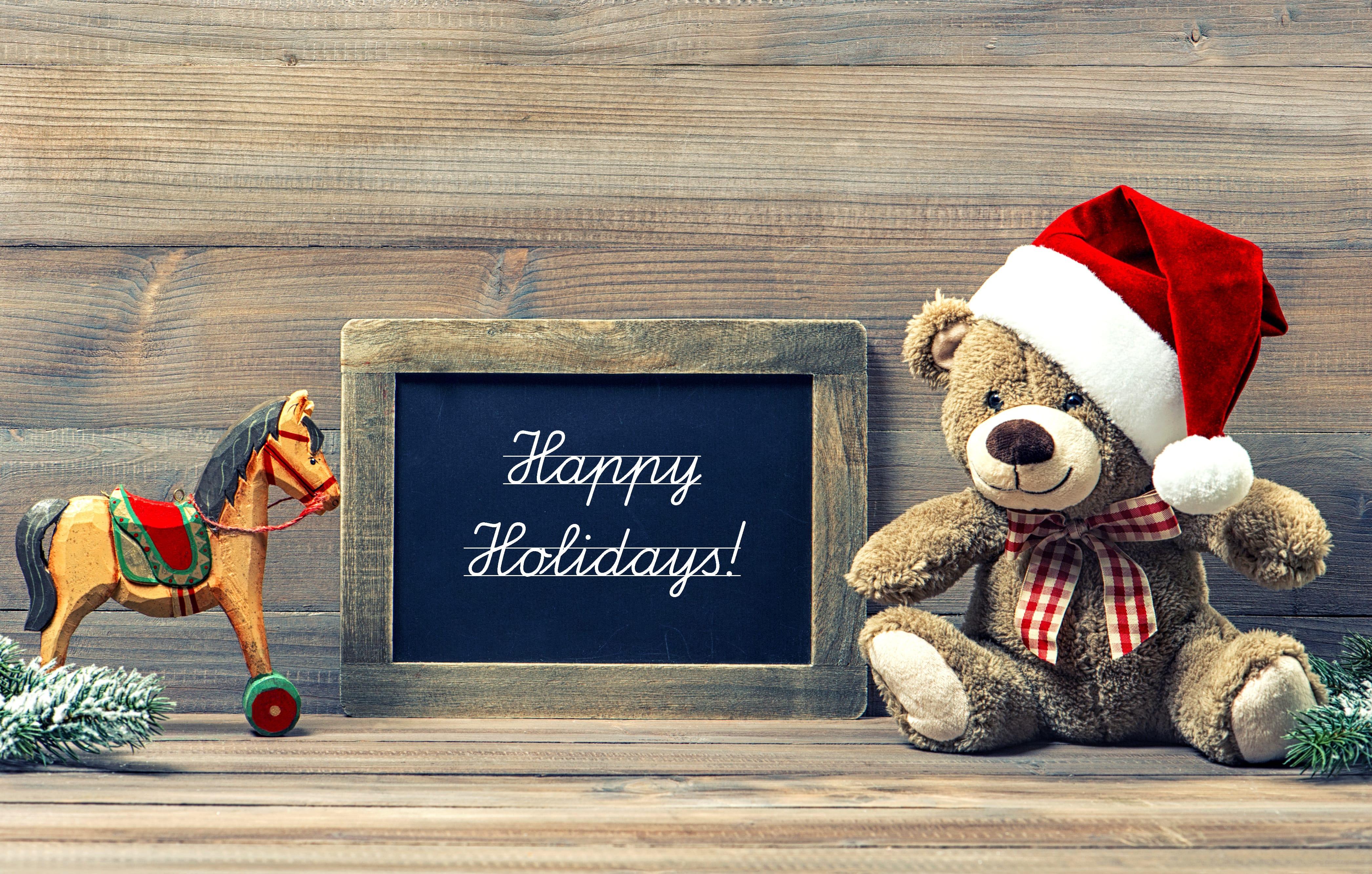 4184x2664 Happy Holidays Teddy Bear Santa Hat 4k Wallpaper and Free
