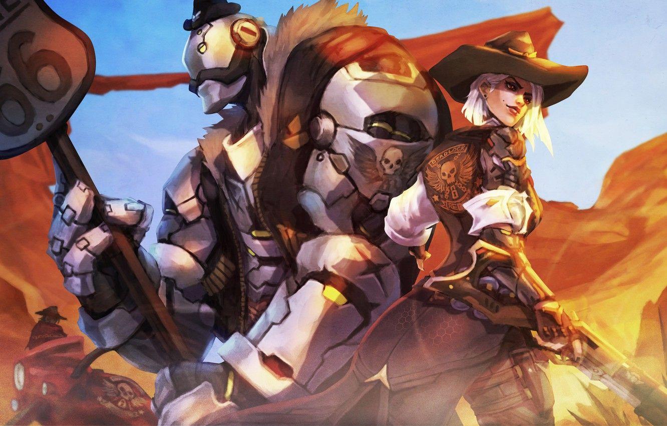 1332x850 Wallpaper girl, robot, hat, art, the gun, ashe, Bob, overwatch