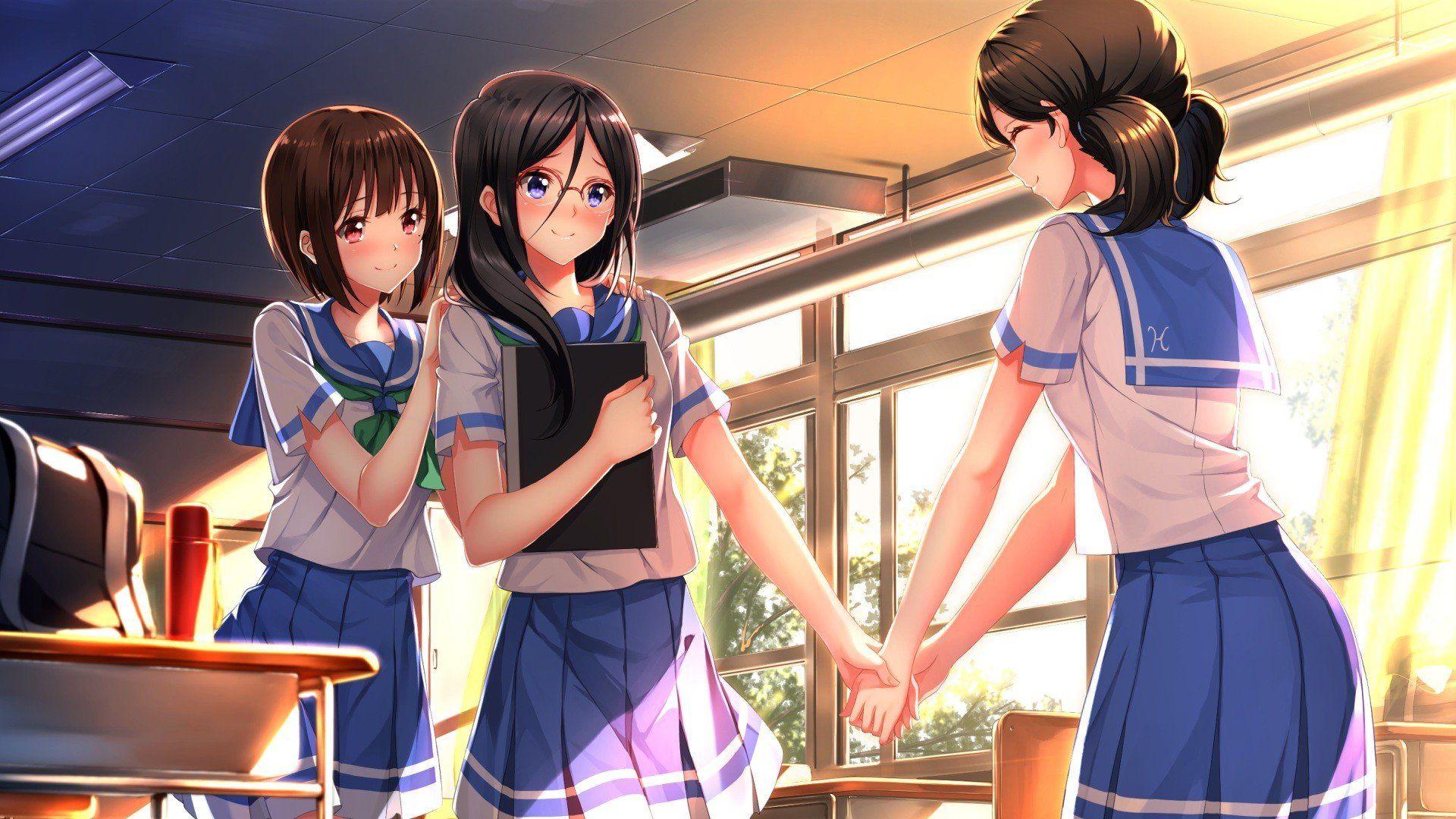 1920x1080 short hair, Long hair, Brunette, Red eyes, Blue eyes, Anime, Anime