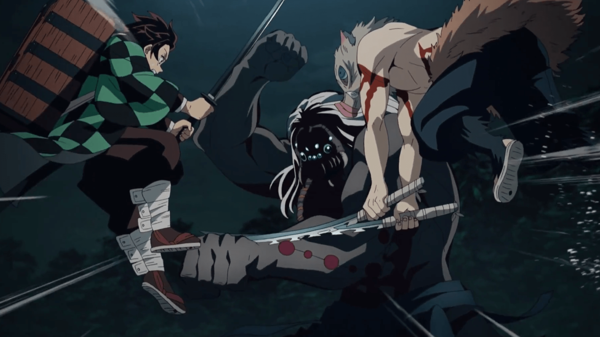1920x1080 Tanjiro Kamado and Inosuke Hashibira vs Father Spider Demon