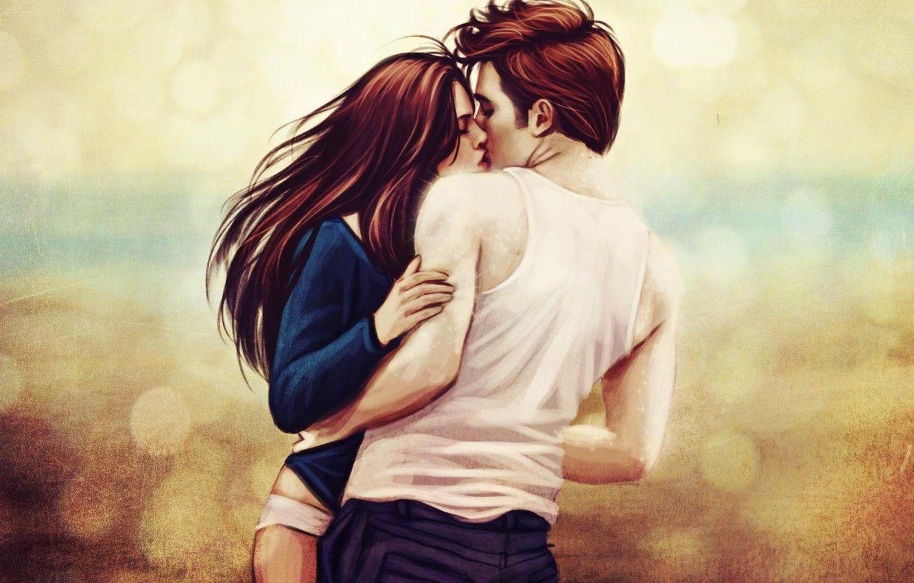 1332x850 Wallpaper love, romance, kiss, art, Twilight, Edward Cullen, Bella