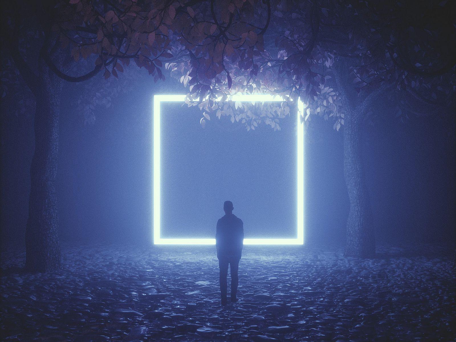 1600x1200 Download wallpaper 1600x1200 silhouette, cube, neon, trees