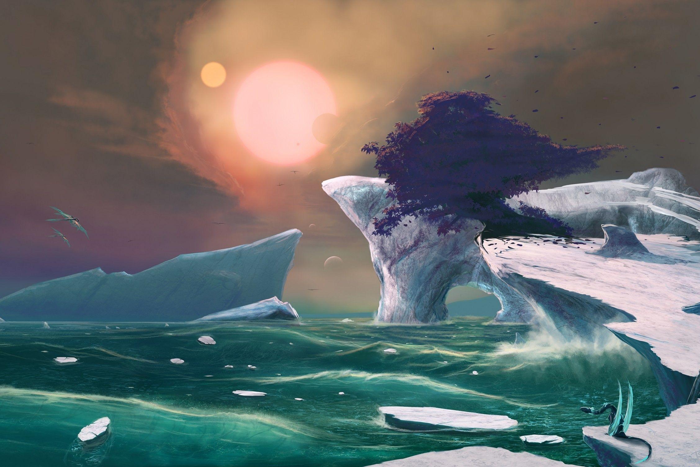 2256x1504 Download 2256x1504 Glaciers, Fantasy Creatures, Ocean, Moon, Wind