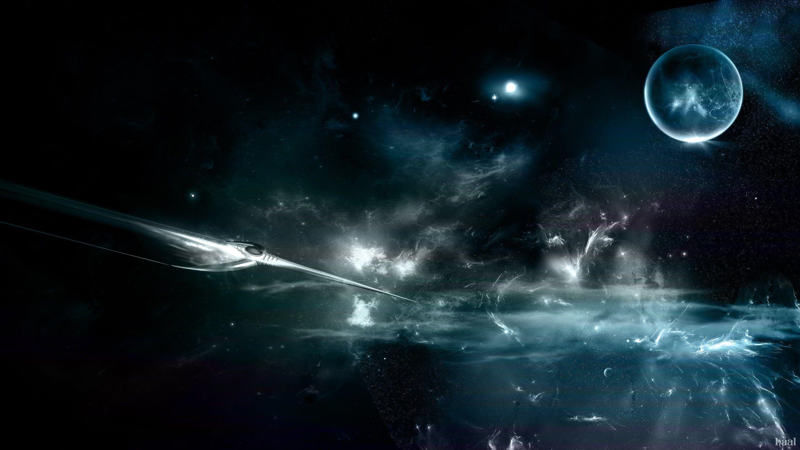 2560x1440 Moon illustration, fantasy art, space, science fiction, aliens HD wallpaper