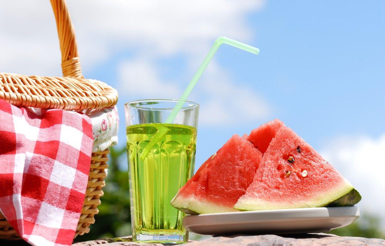 1332x850 Wallpaper summer, water, basket, watermelon, tube, drink, picnic