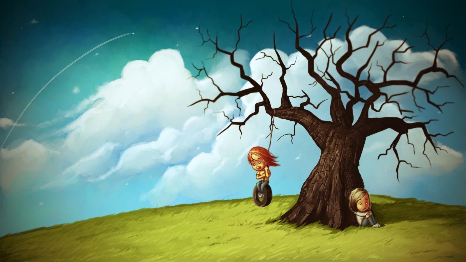 1600x900 Sad And Happy Couple Art Wallpaper