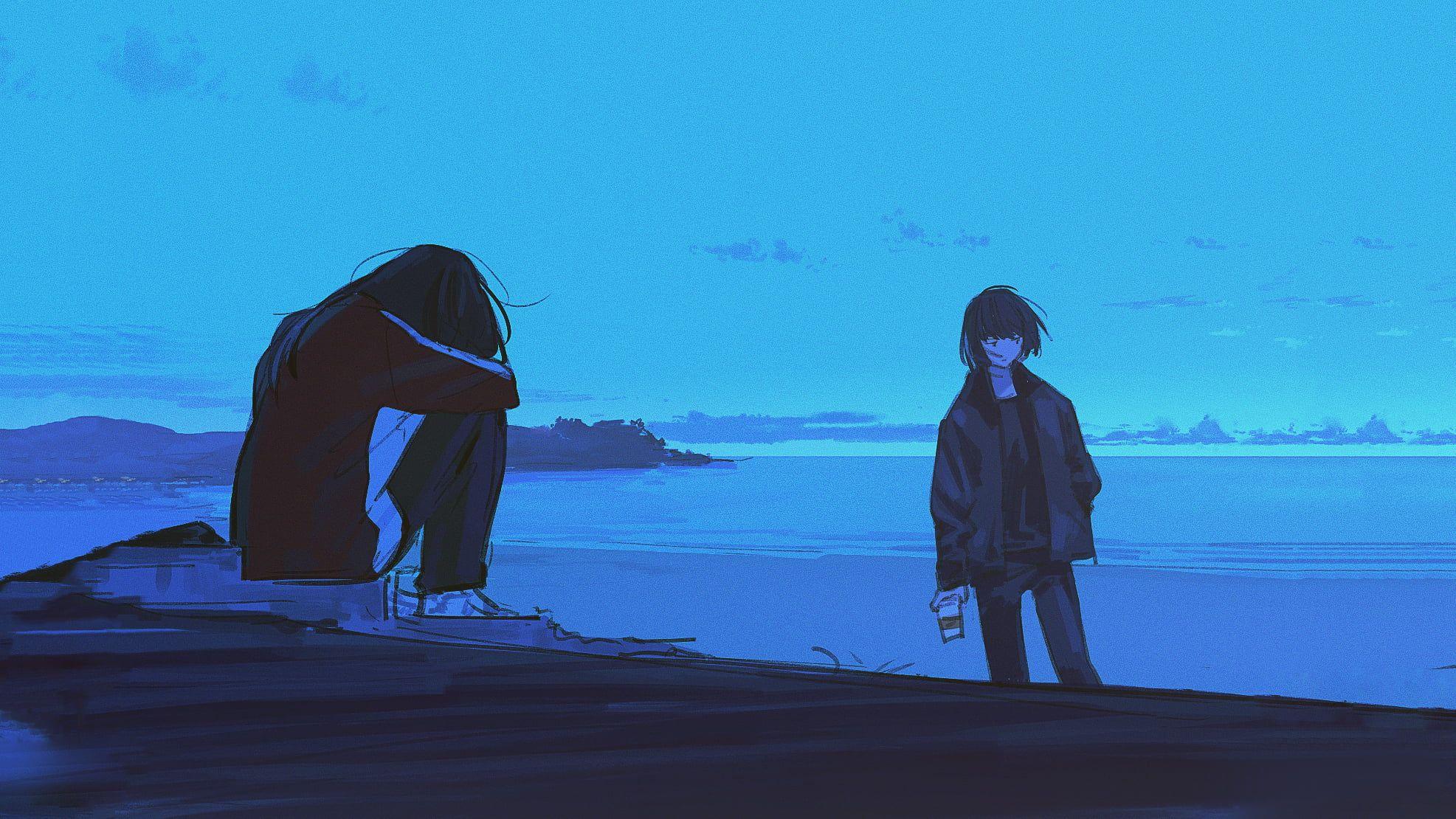 1973x1110 Female and male anime characters, beach, digital art, blue, sad HD