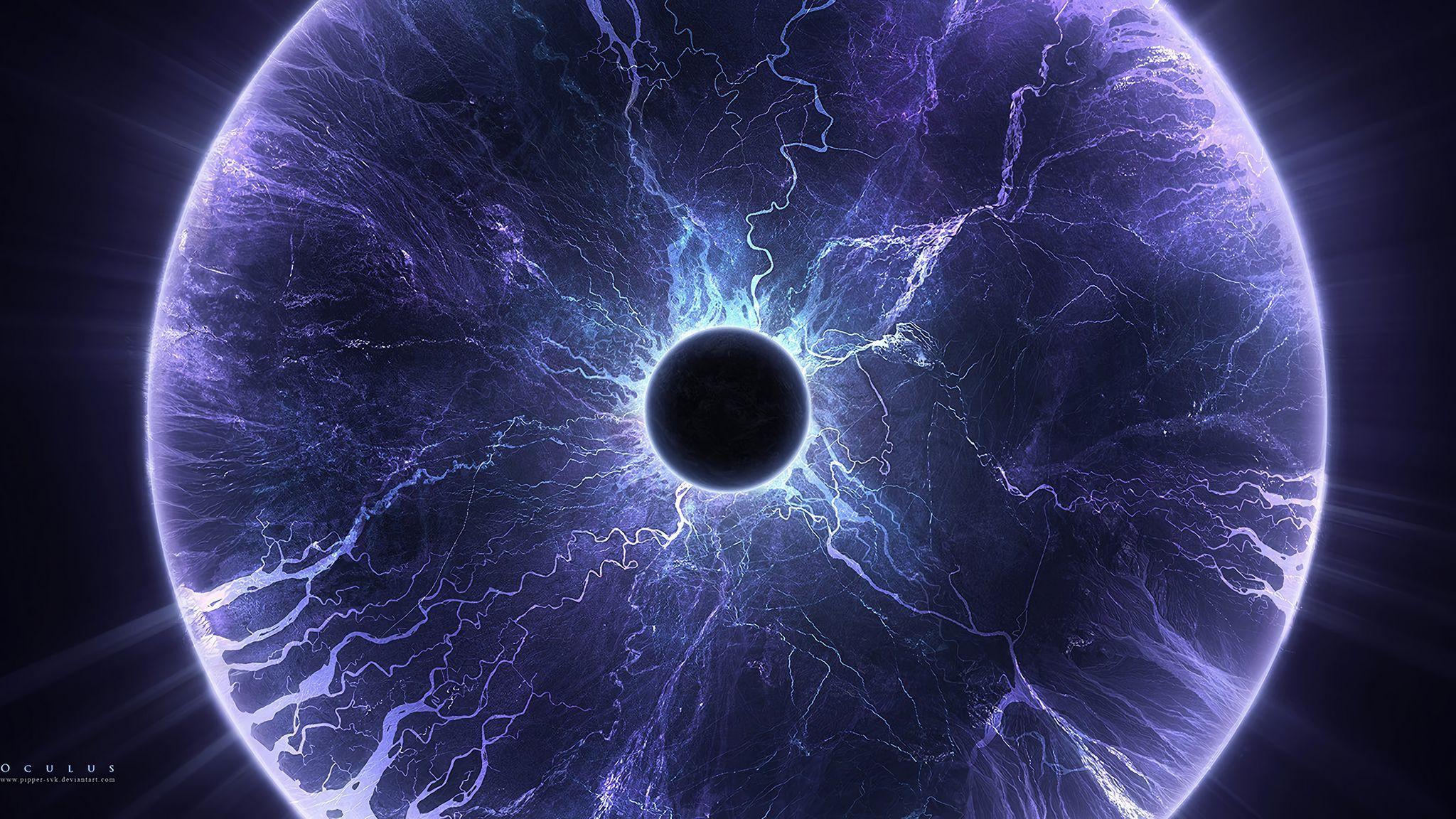2048x1152 Download wallpaper 2048x1152 planet, lightning, eclipse, halo