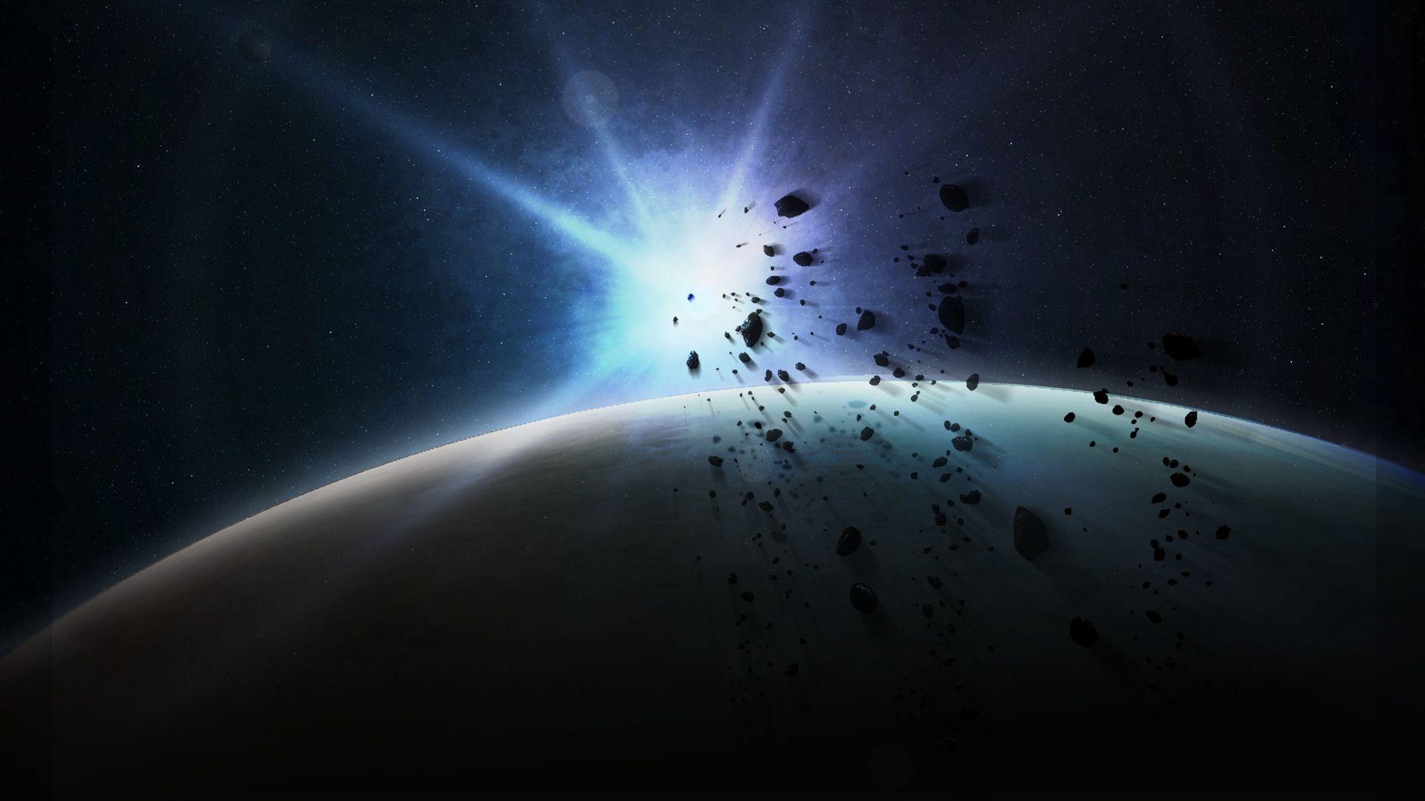 2048x1152 Download 2048x1152 wallpaper space art, planet, flash, asteroids