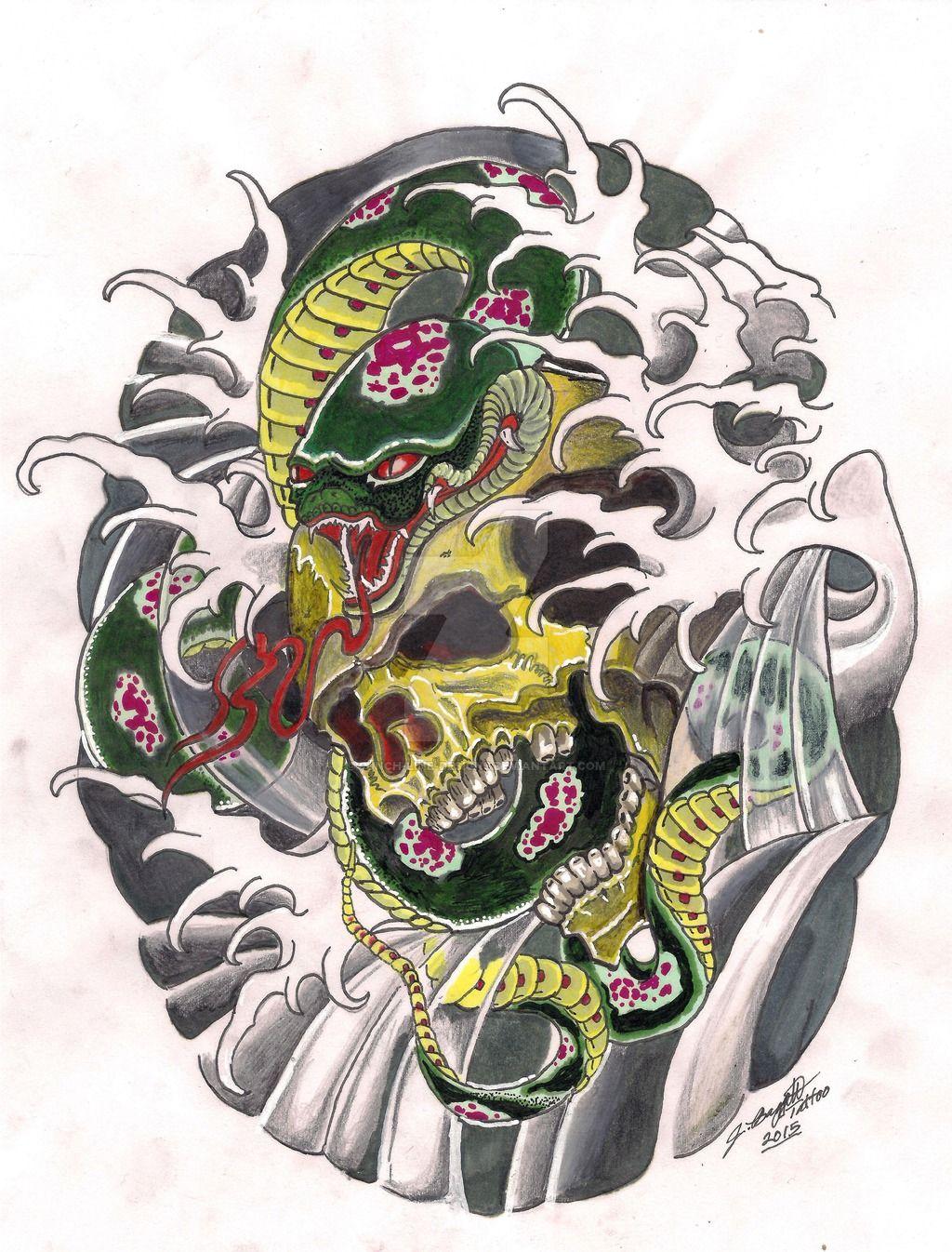 1024x1346 Traditional Japanese Snake And Skull Tattoo Design By Punch Line