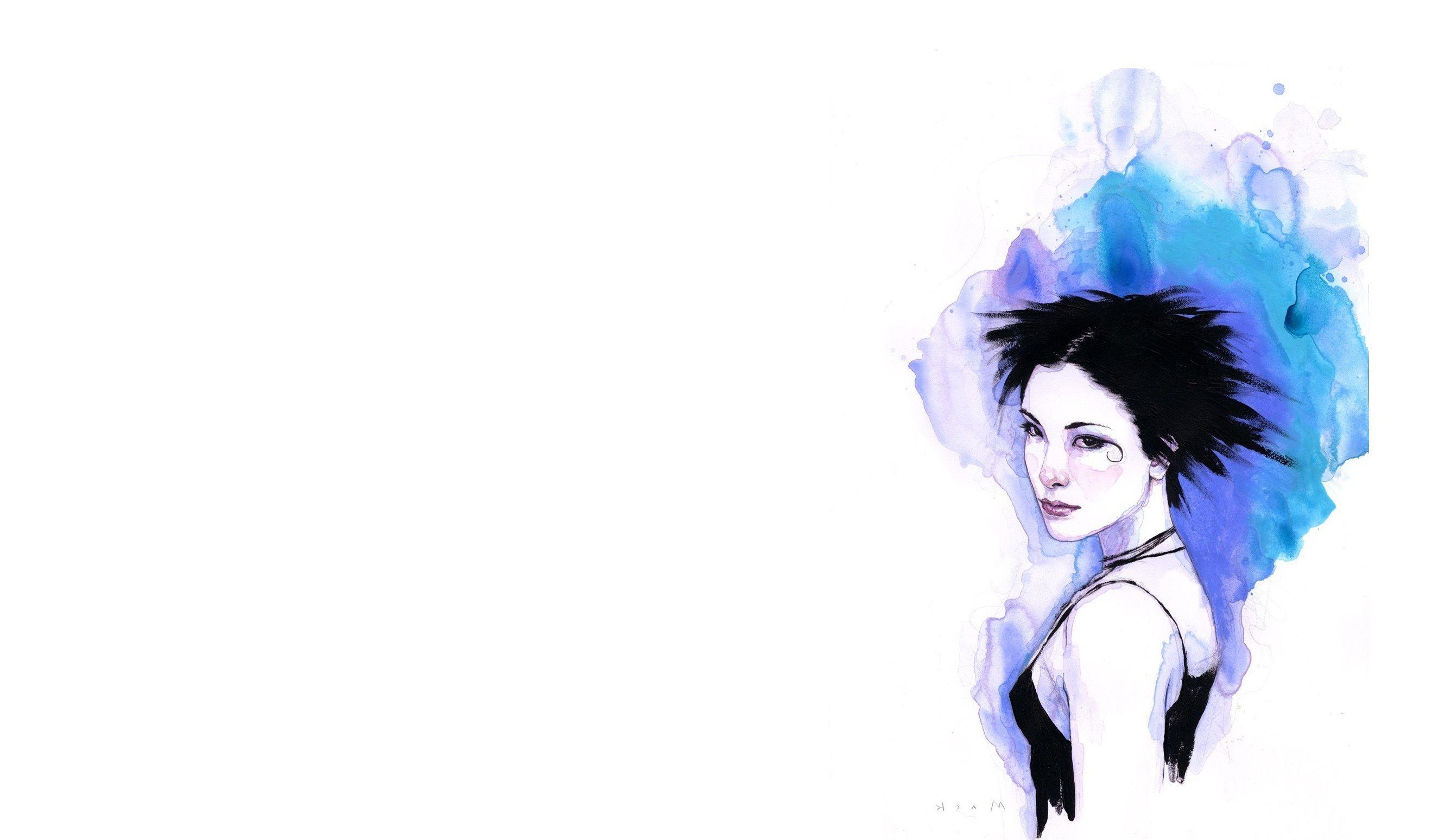 2662x1548 Artwork Watercolor White Background Black Hair Women Short Hair
