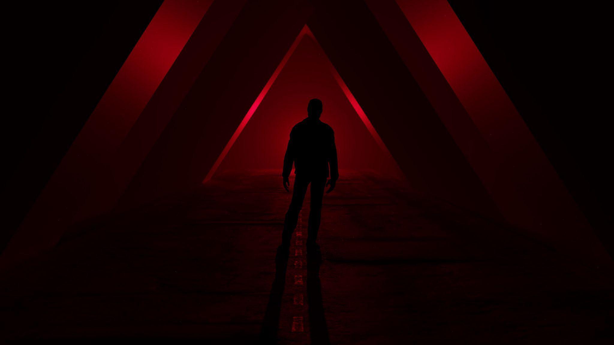 2048x1152 Download wallpaper 2048x1152 silhouette, triangles, red, dark