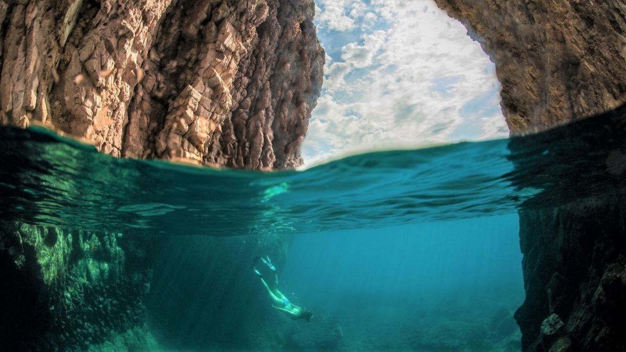 1245x700 Cave Ocean Rock Scuba Diver Sea Underwater wallpaperx1080