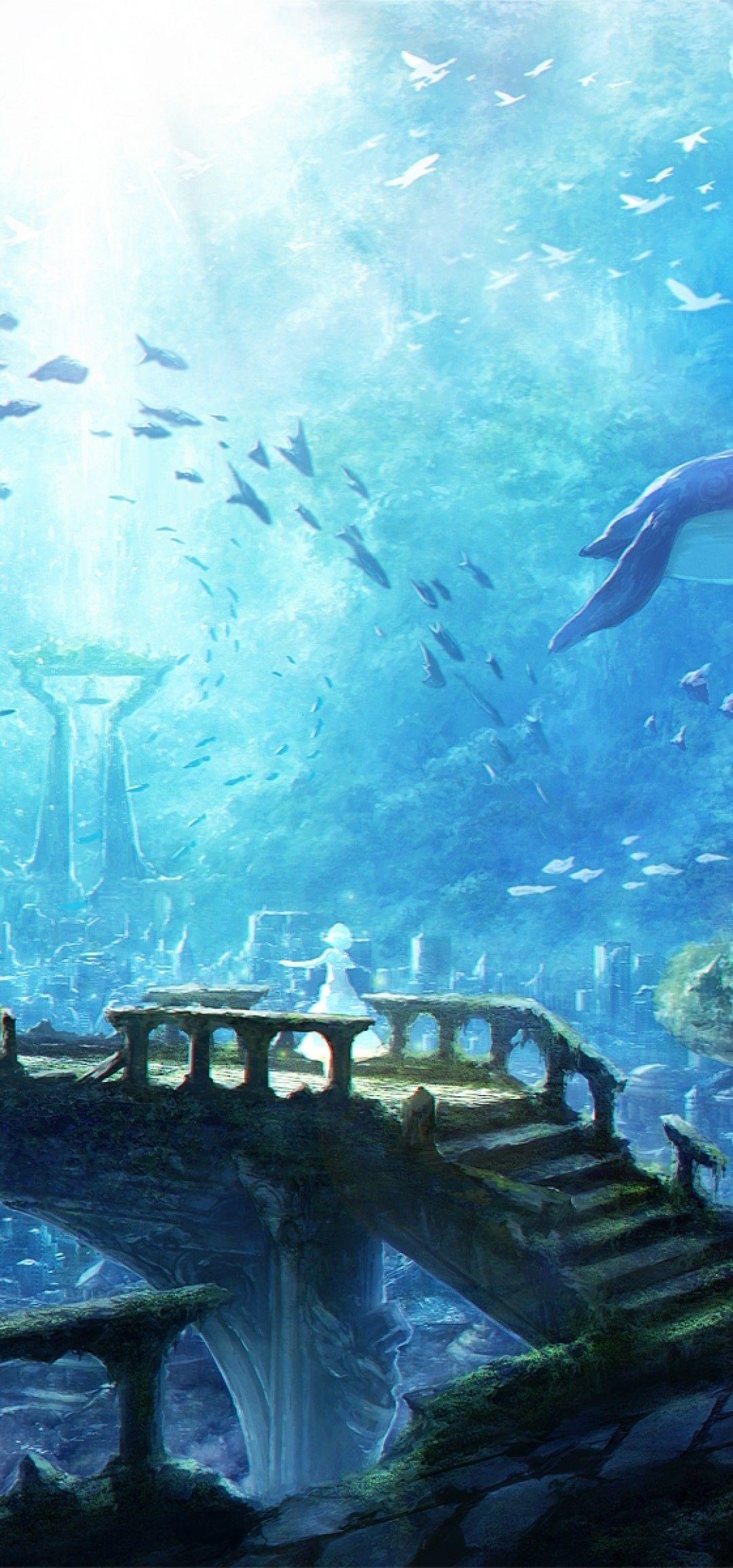 1080x2310 Download 1080x2310 Underwater City, Ruins, Fishes Wallpaper