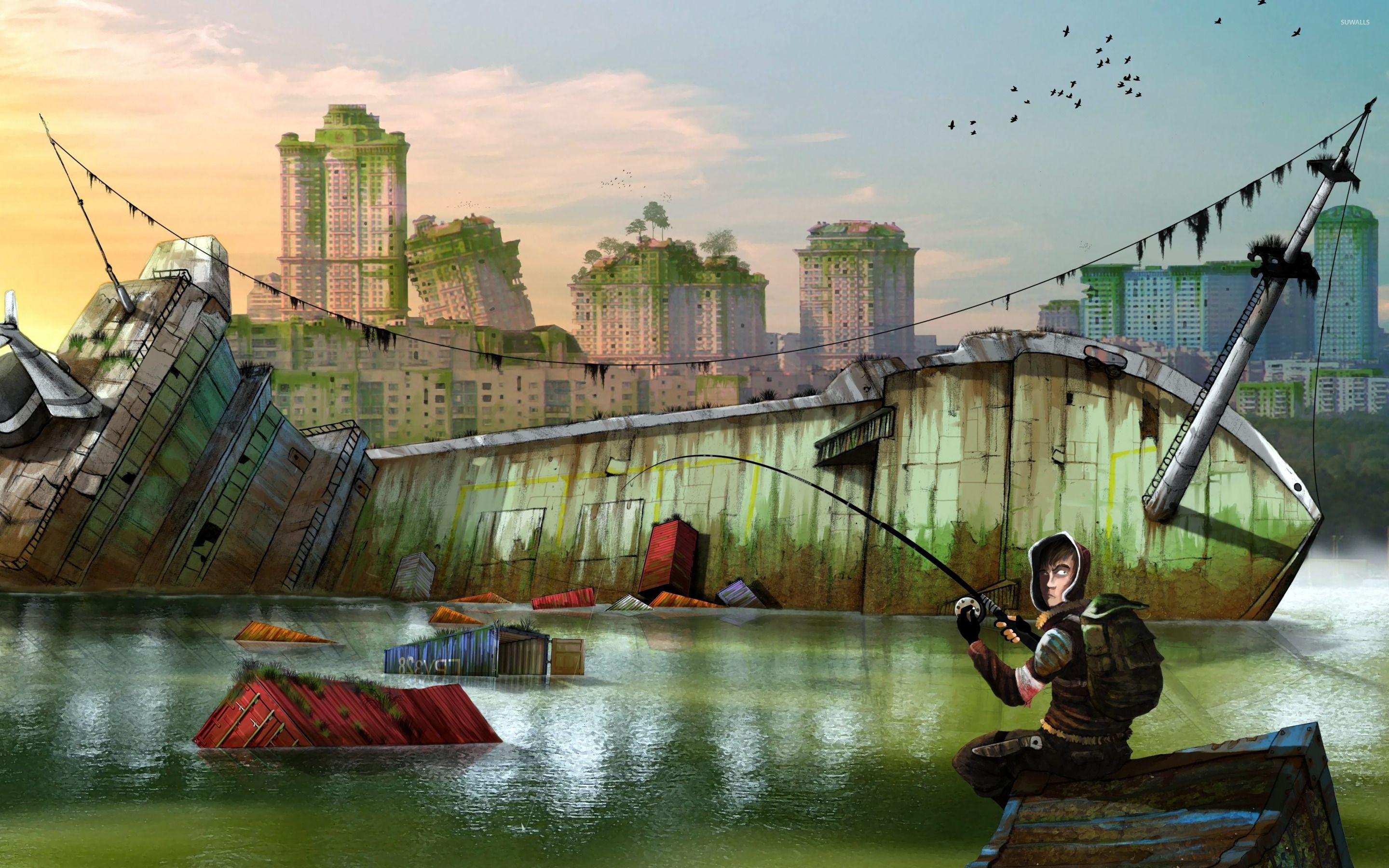 2880x1800 Fishing at the shipwreck wallpaper Art wallpaper