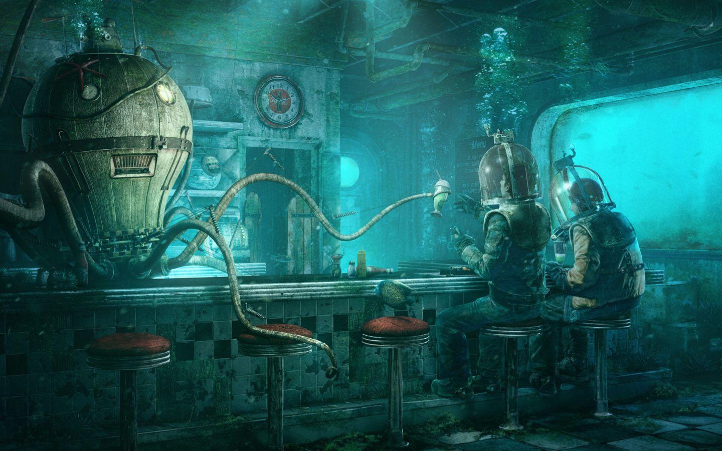 1440x900 fantasy, robot, underwater wallpaper