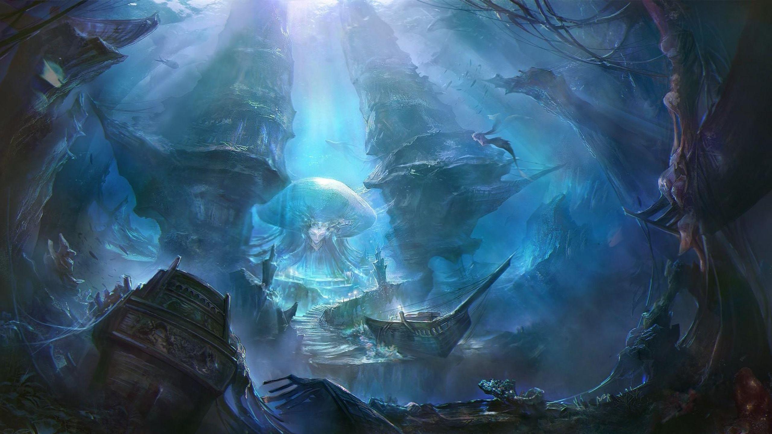 2560x1440 underwater world, ships, sea 1440P Resolution Wallpaper