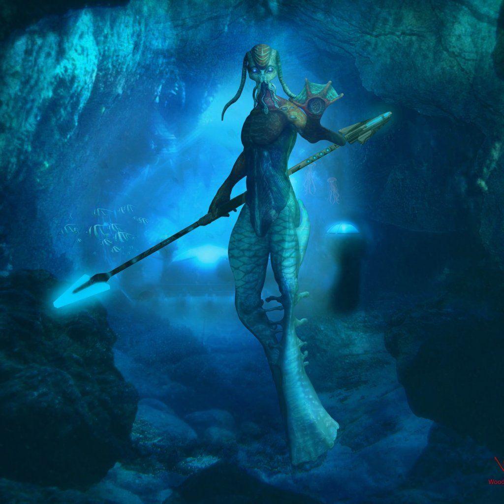 1024x1024 wallpaper: fantasy, creature, sea monster, underwater, cave wallpaper