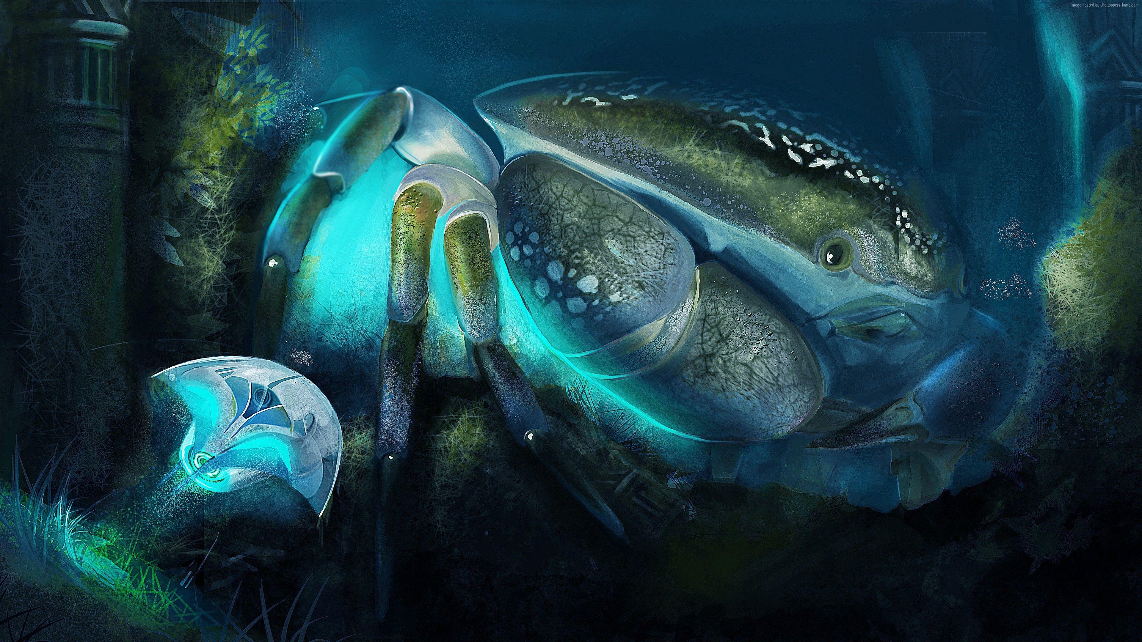 3840x2160 Wallpaper Сrab, cancer, Underwater World, ocean, sea, water, art