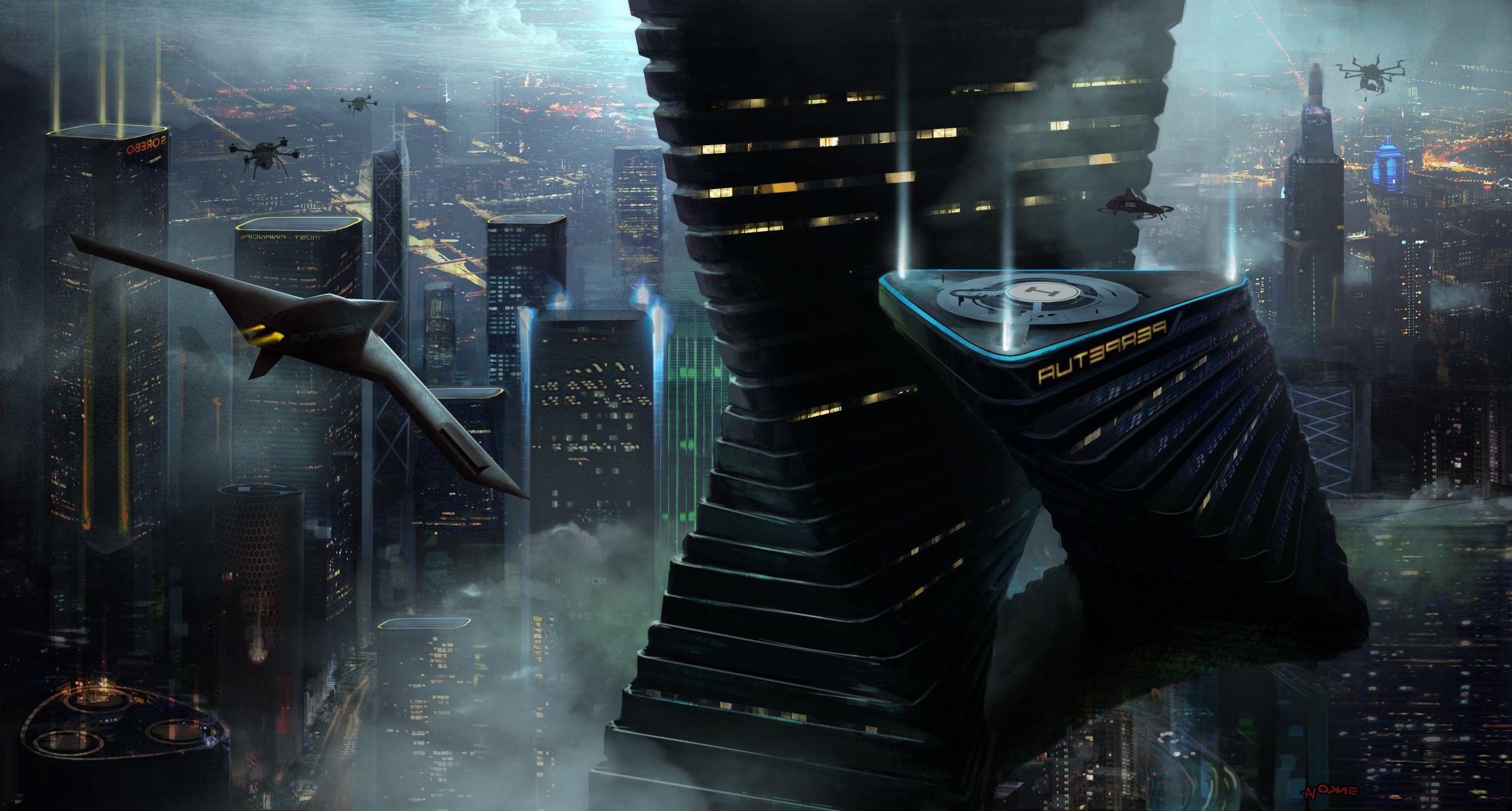 3000x1610 fantasy Art, Digital Art, Drawing, Cityscape, Airplane, Skyscraper