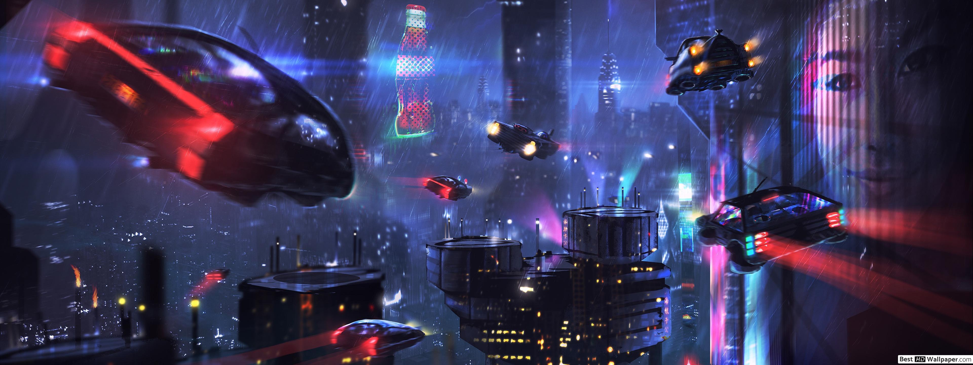 3840x1440 Cyberpunk City HD wallpaper download