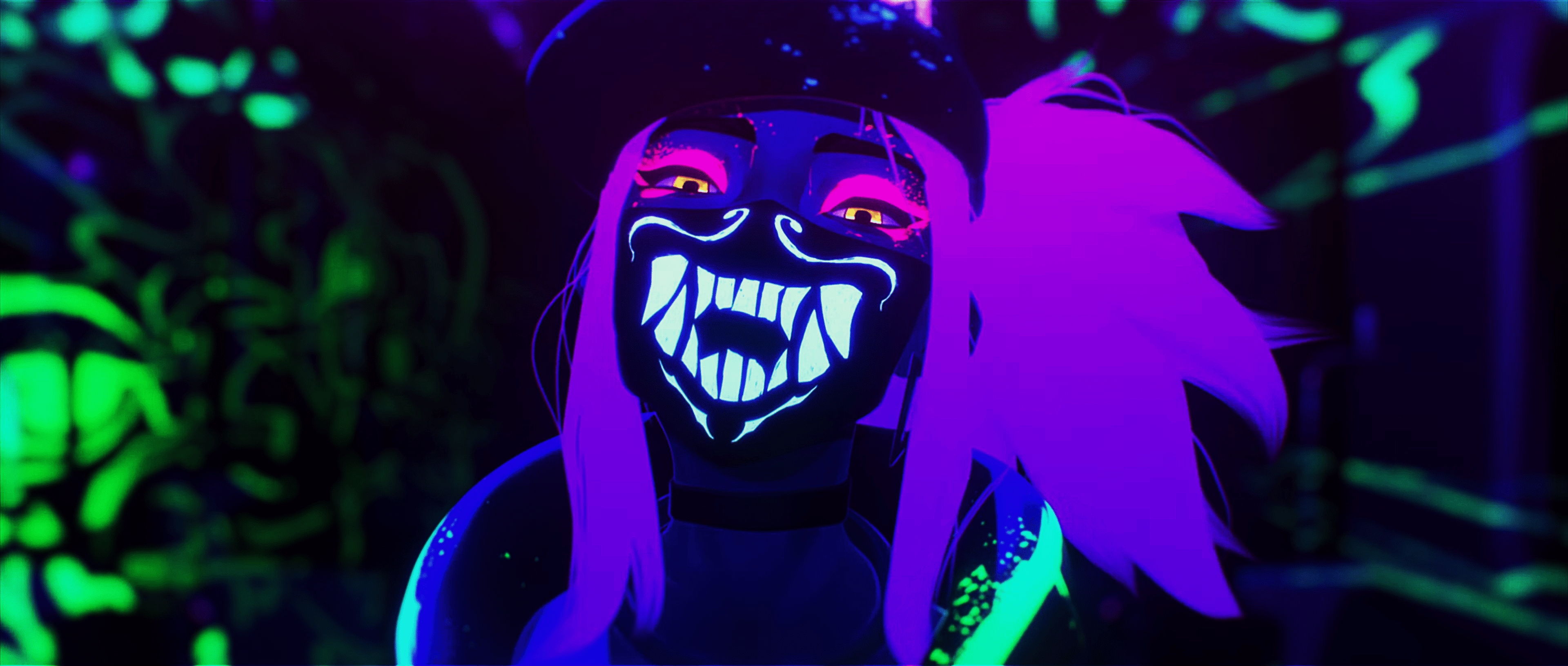 3840x1632 Neon Akali K DA Music Video Wallpaper
