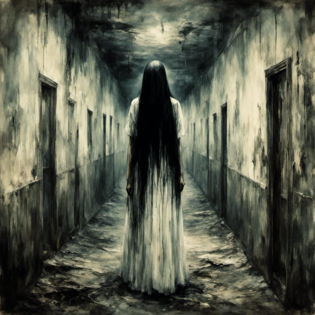 1024x1024 a creepy photo creepy, scary, woman, long black color hair covering face wearing a white color dress, asylum hallway in background <lora:Mac
