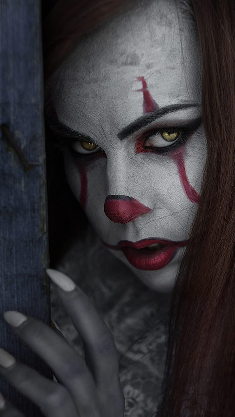 800x1422 Pennywises girl, drawings, face, it, makeup, pennywise, red hair, scary, HD phone wallpaper