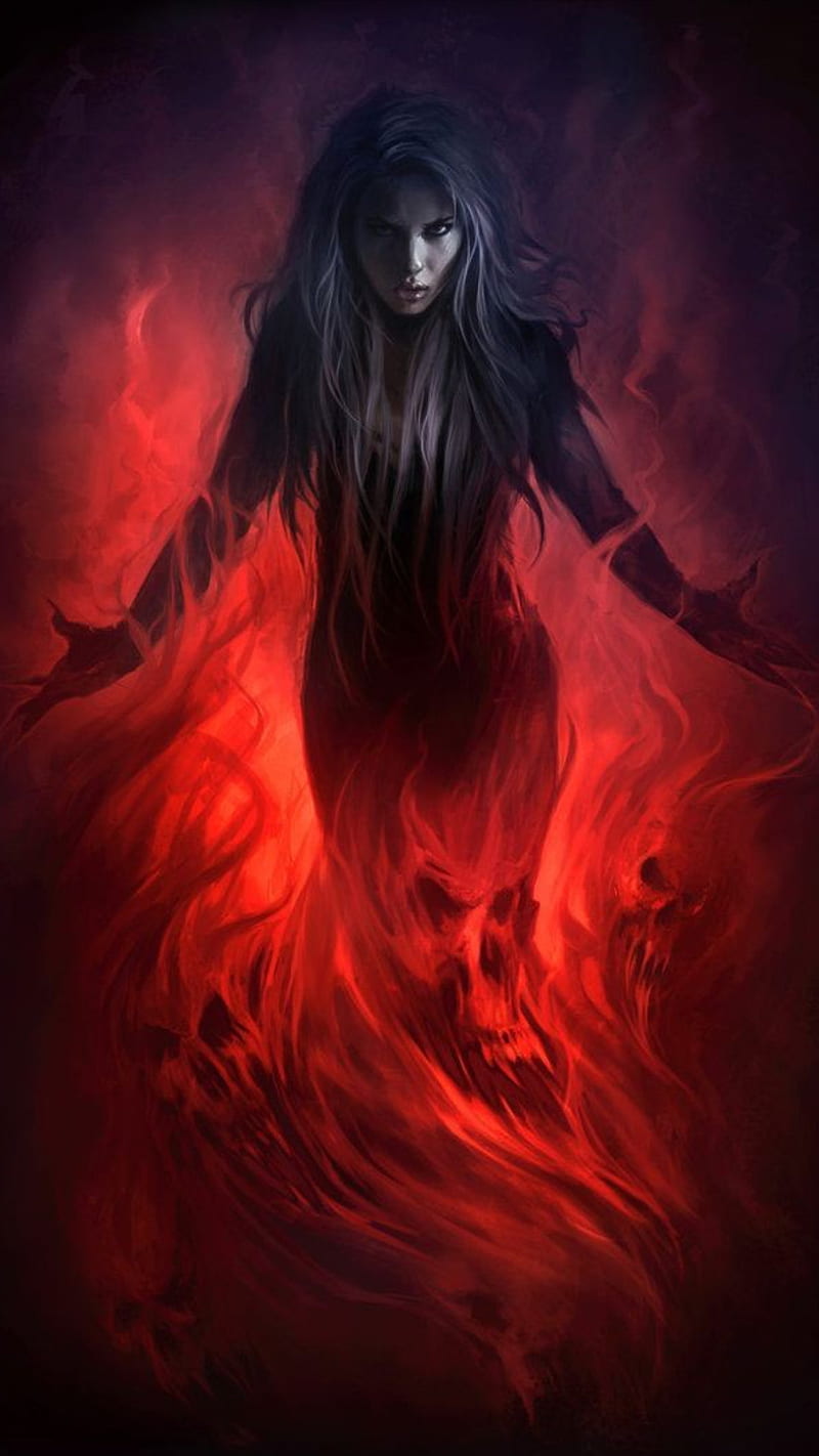 800x1422 Devil, burn, burning, female devil, fire, girl red, red fire, scary, HD phone wallpaper