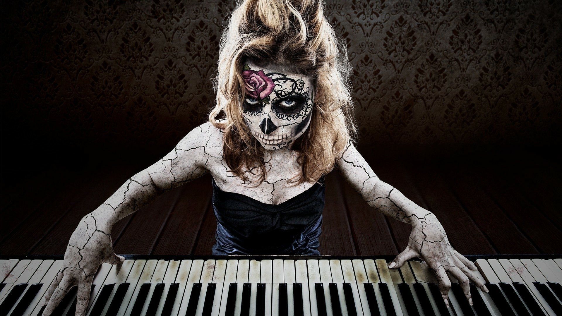1920x1080 Artistic Sugar Skull HD Wallpaper: Haunted Melody in Vivid Detailx1080