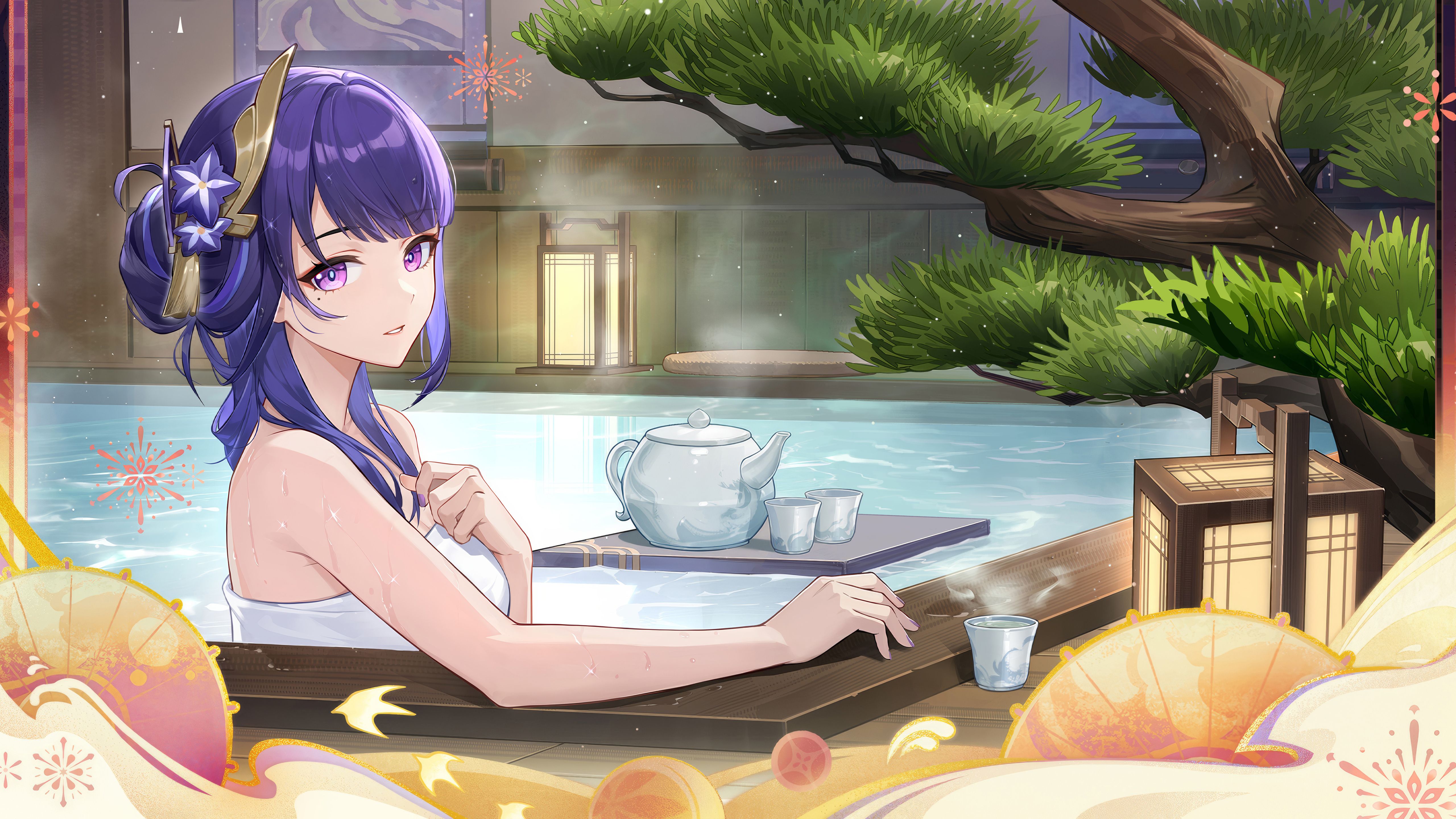 5120x2880 Raiden Shogun Wallpaper 4K, Swimming Pool, Genshin Impact, 5K
