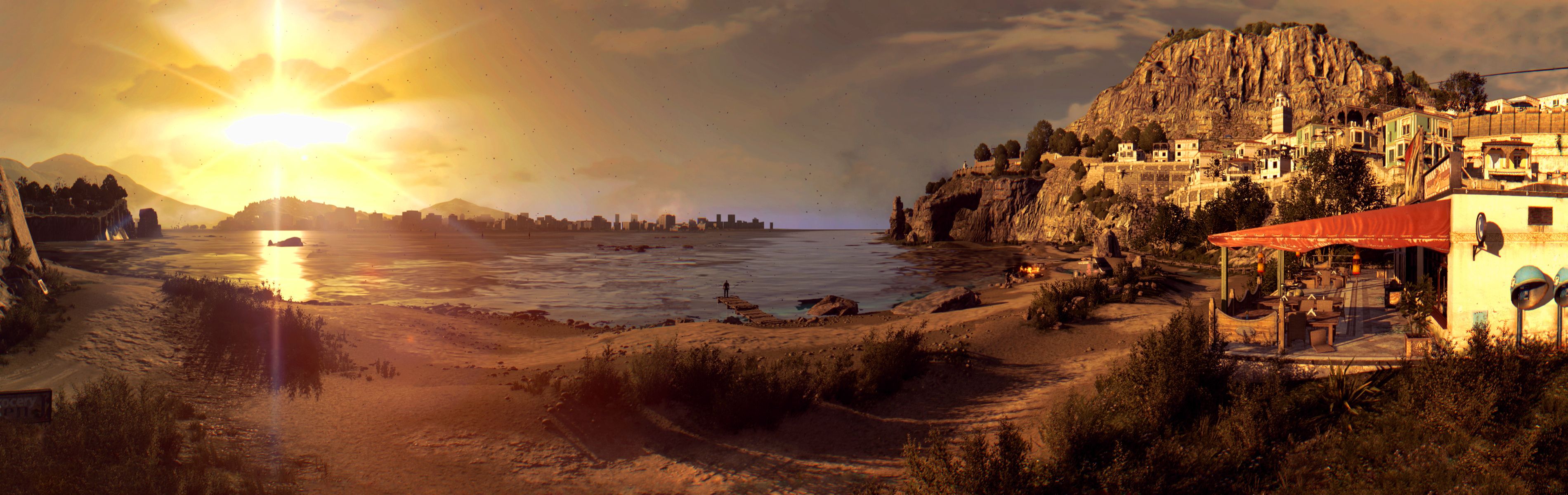 3800x1200 Download City Sea Sunset Beach Video Game Dying Light HD Wallpaper