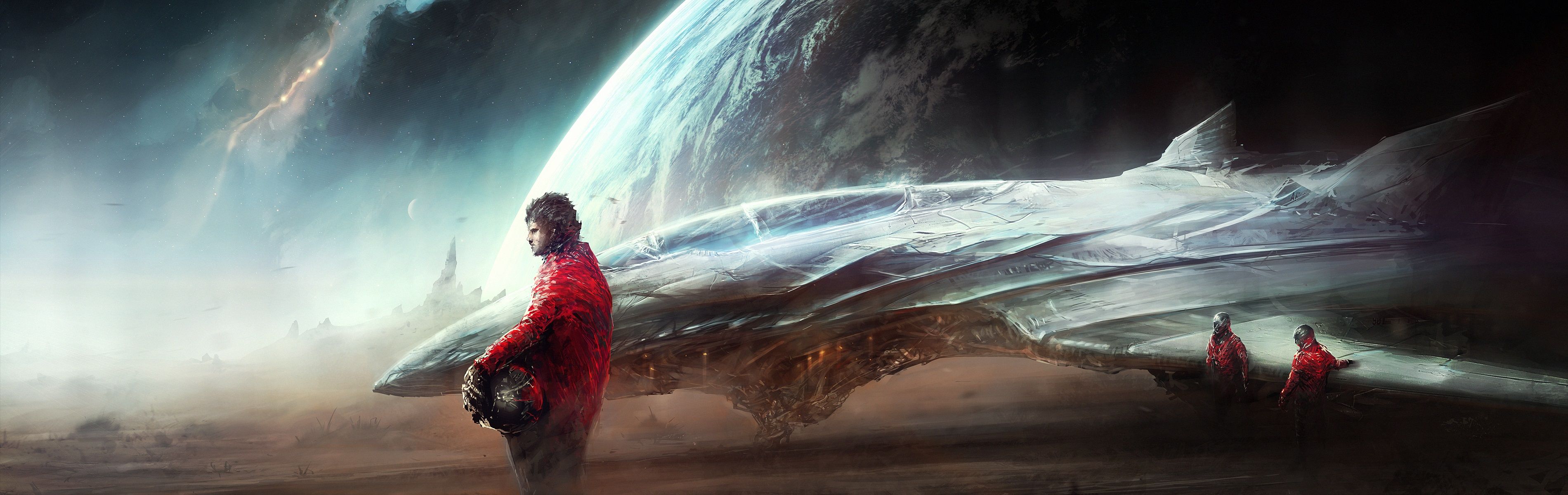 3800x1200 Download Planetscape Adventure Sci Fi Spaceship HD Wallpaper