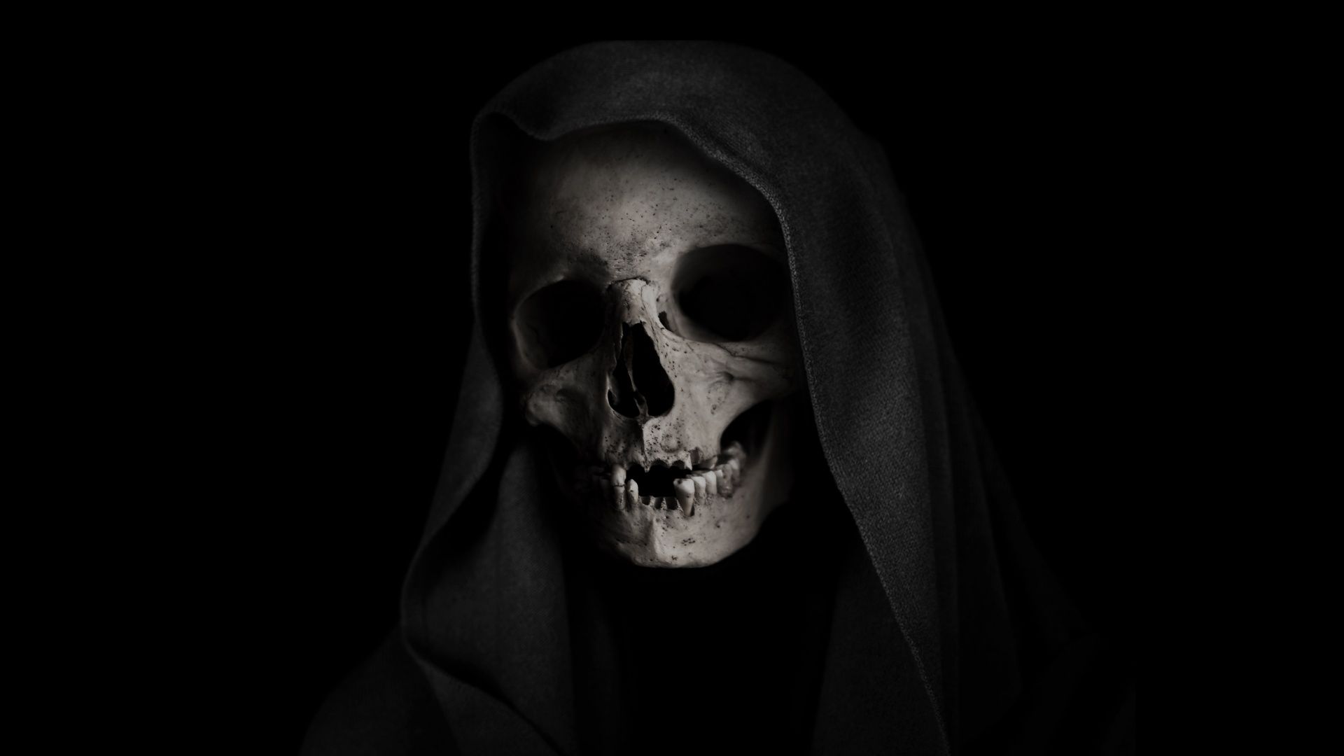1920x1080 Grim Reaper Wallpaper 4K, Skull, Black background, Scary