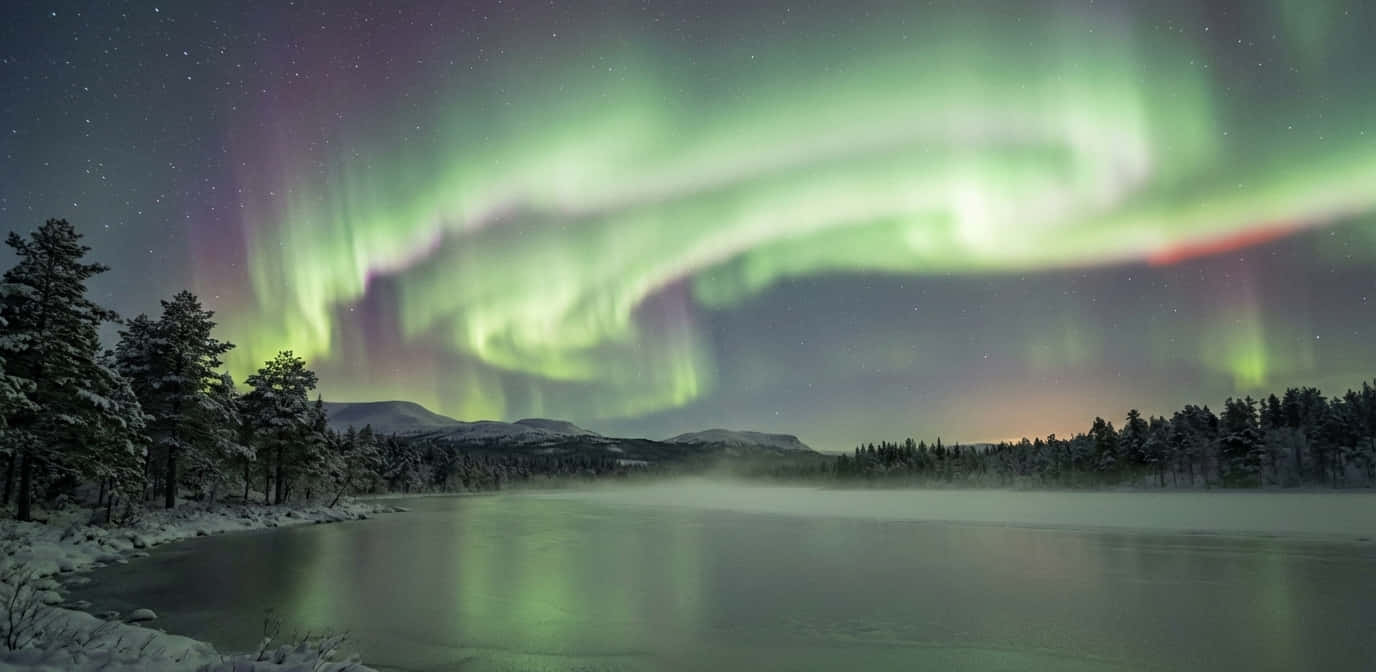 1376x672 Download Ultra Realistic Aurora Borealis Over Frozen Lake