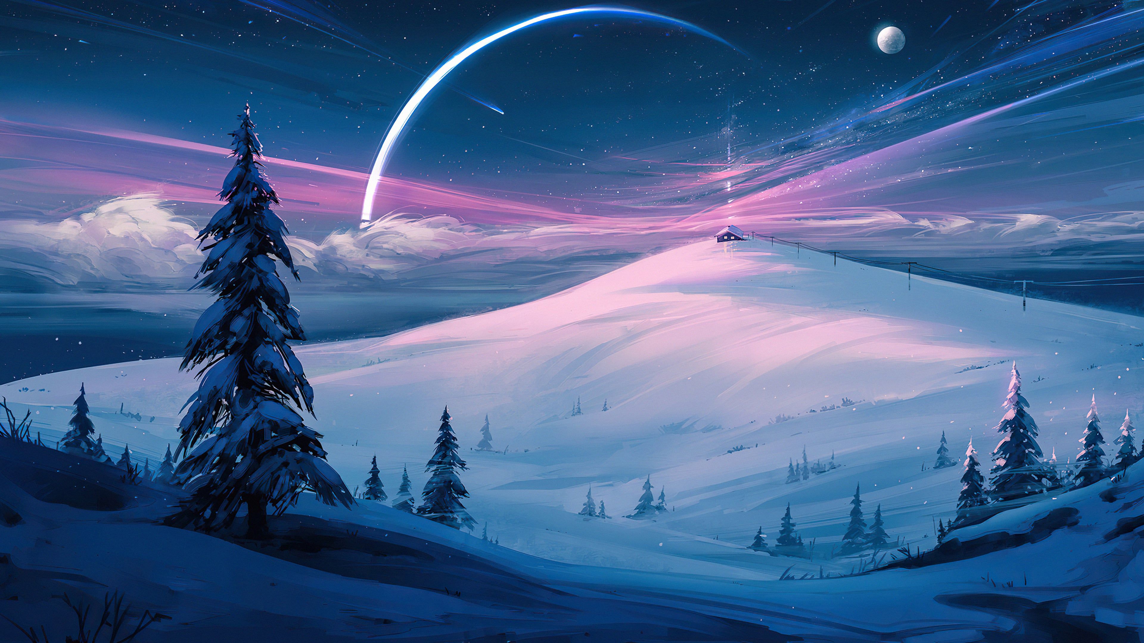 3840x2160 Snowy landscape in the forest Digital Art Wallpaper 4K for Desktop