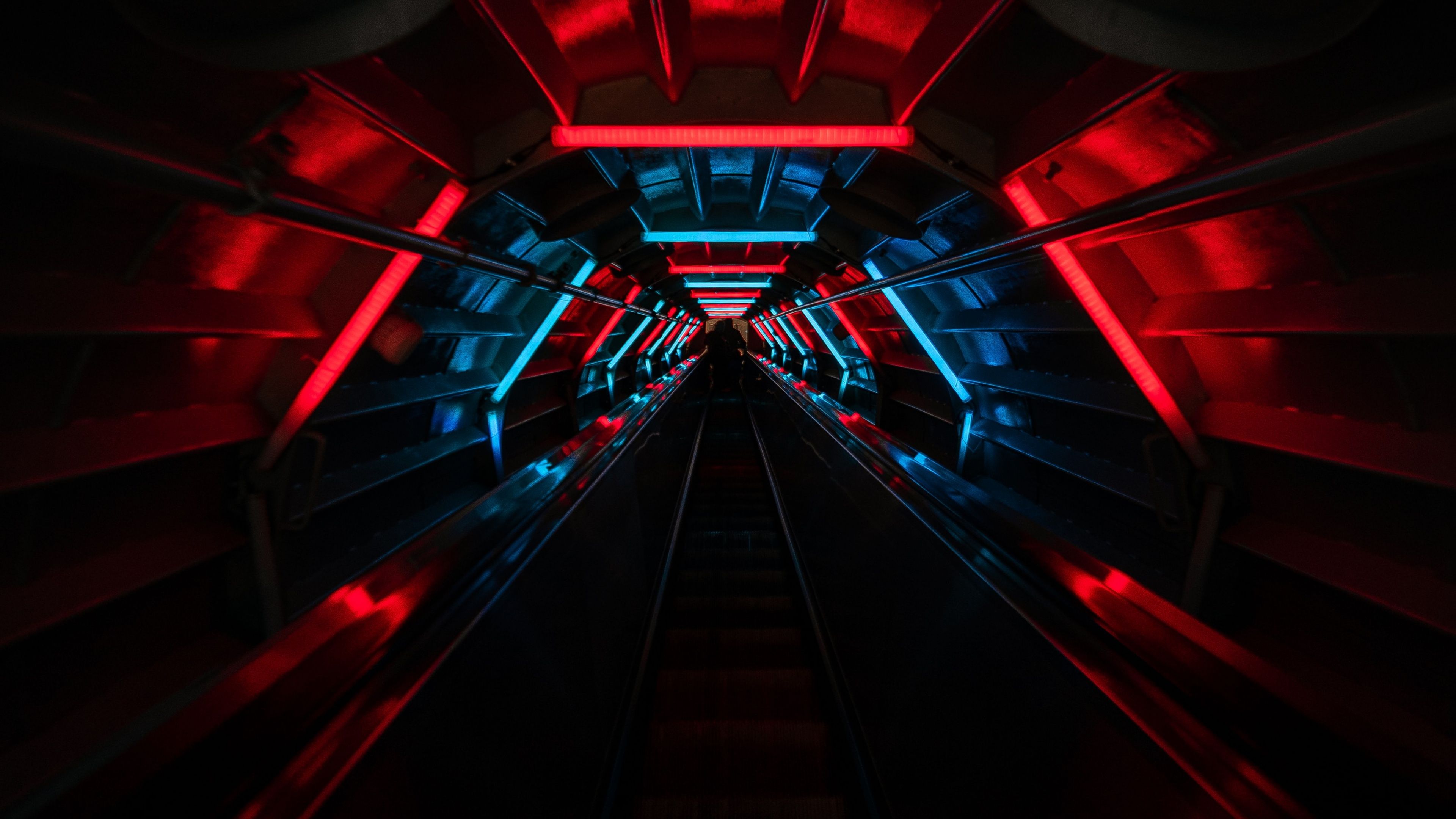 3840x2160 Tunnel Wallpaper 4K, Vanishing point, Red lighting