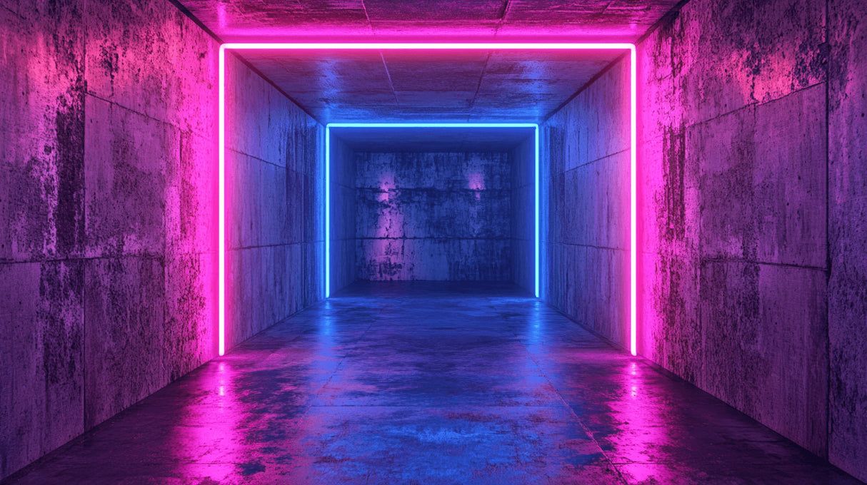 1214x680 3D Neon Mural Wallpaper. Industrial Tunnel with Pink and Blue Lights