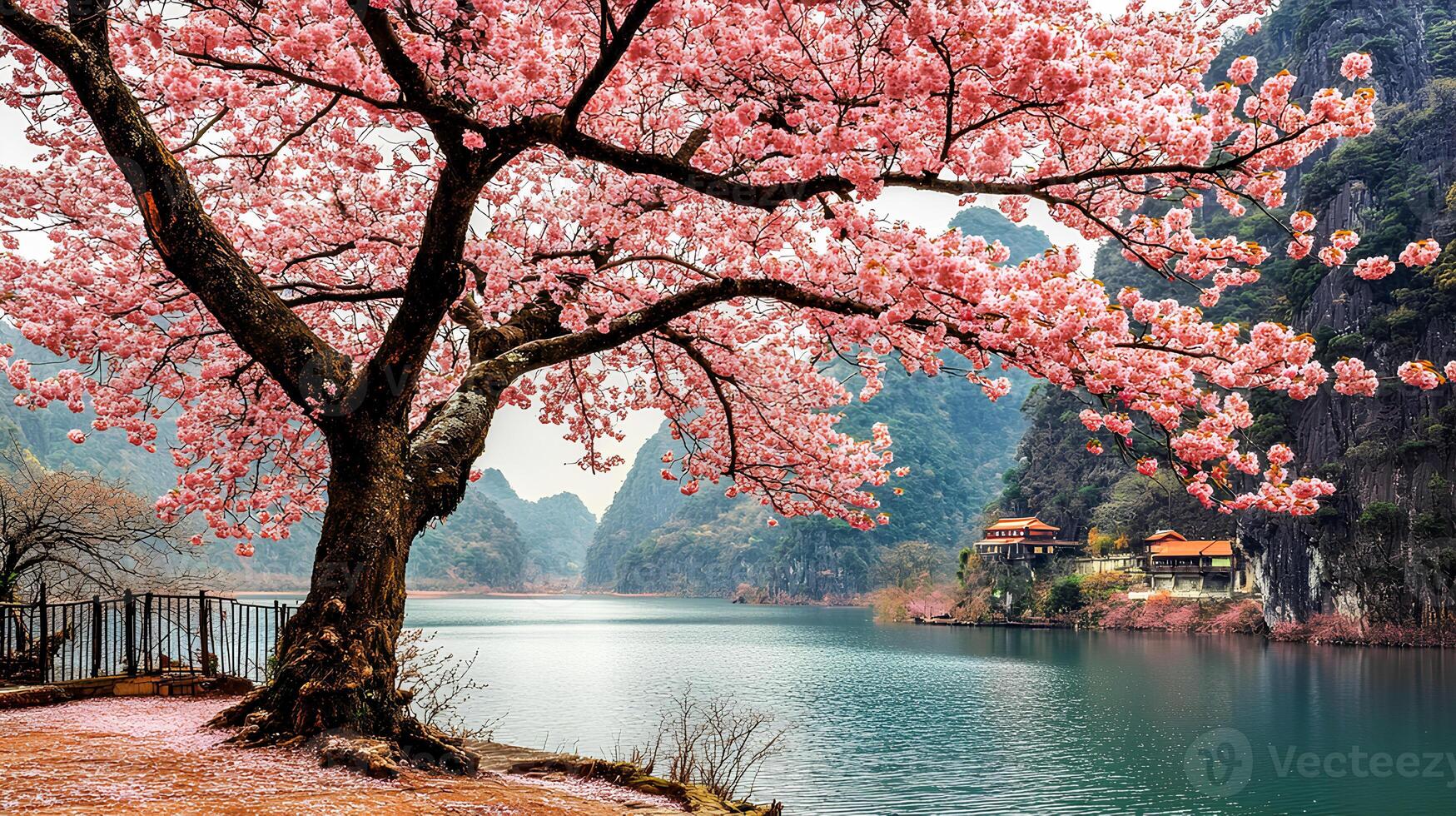 1749x980 Scenic view of cherry blossoms in full bloom along the pictureque Li River in Guilin, China, during the vibrant spring season