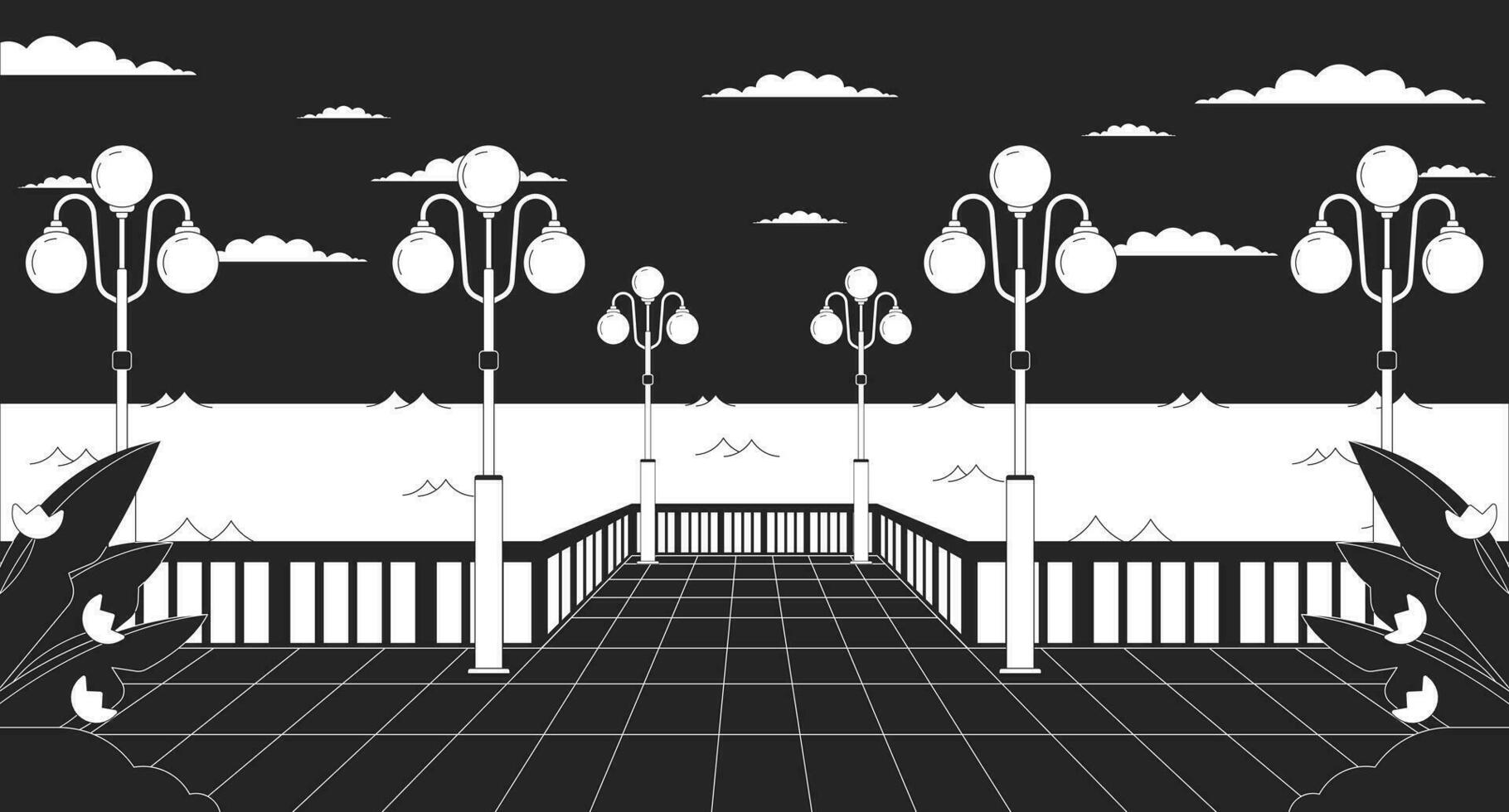 1820x980 Night waterfront with streetlights black and white lo fi aesthetic wallpaper. Nighttime city quay, glowing lampposts outline 2D vector cartoon cityscape illustration, monochrome lofi background